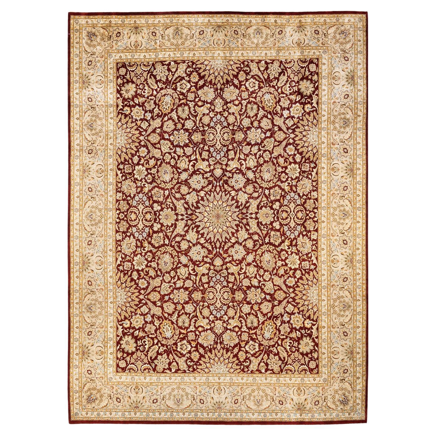 Tapis rouge moghol oriental noué à la main, unique en son genre