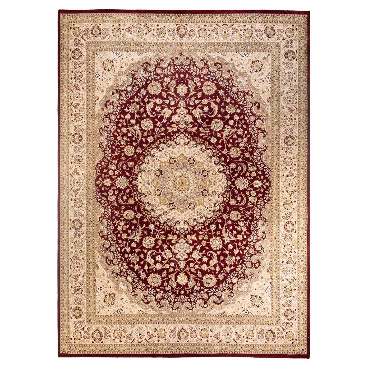 Tapis rouge oriental Mogul noué à la main unique, unique en son genre