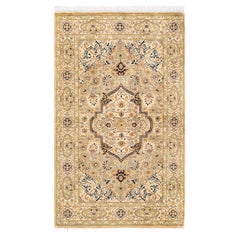 Tapis Oriental Mogul jaune noué à la main, unique en son genre