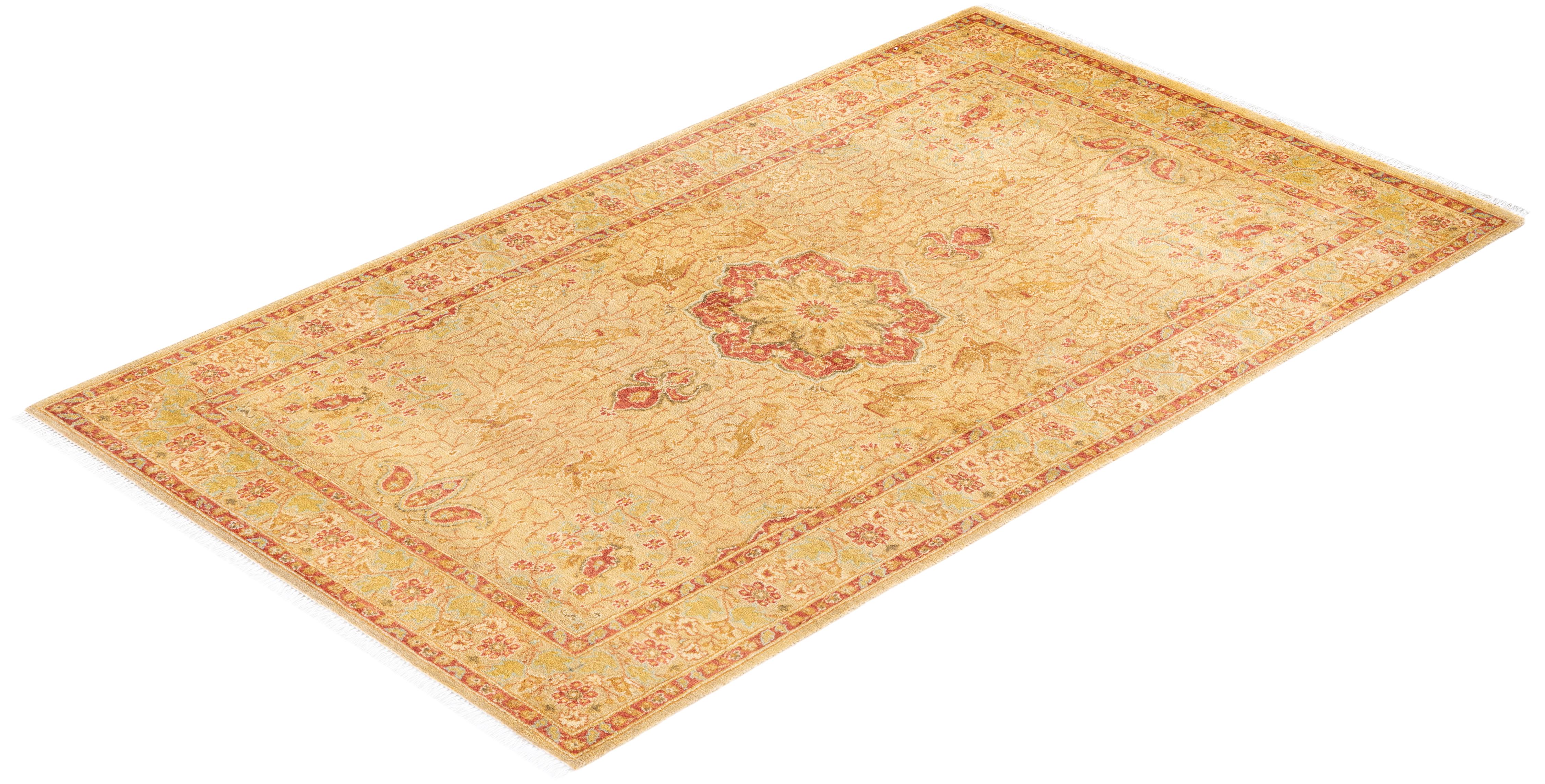 One-Of-A-Kind Hand Knotted Oriental Mogul Yellow Area Rug For Sale 2