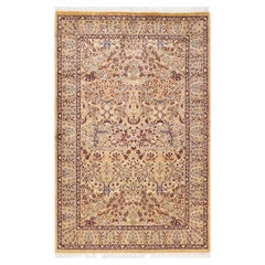 Tapis Oriental Mogul jaune noué à la main, unique en son genre