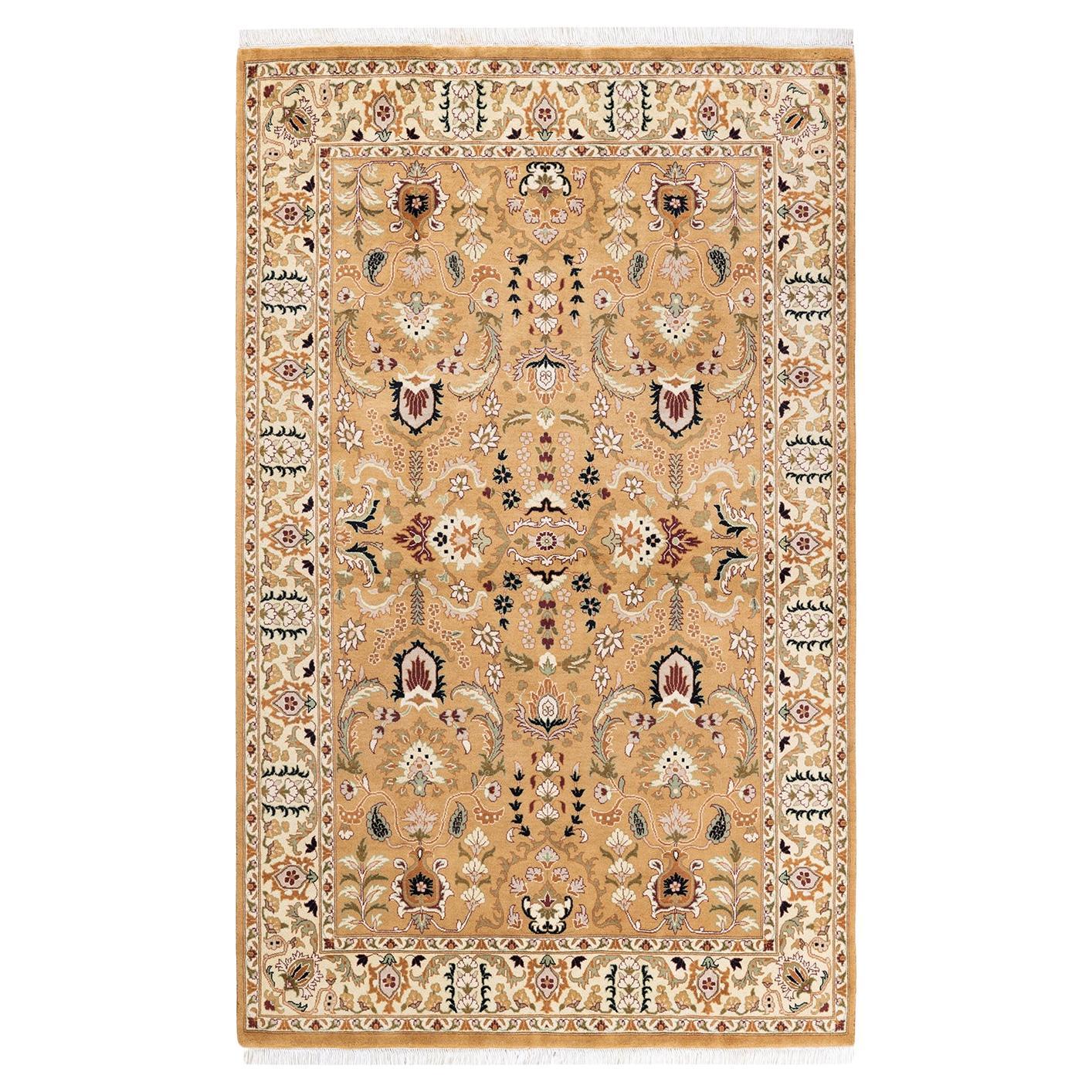 Tapis Oriental Mogul jaune noué à la main, unique en son genre