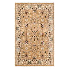 Tapis Oriental Mogul jaune noué à la main, unique en son genre