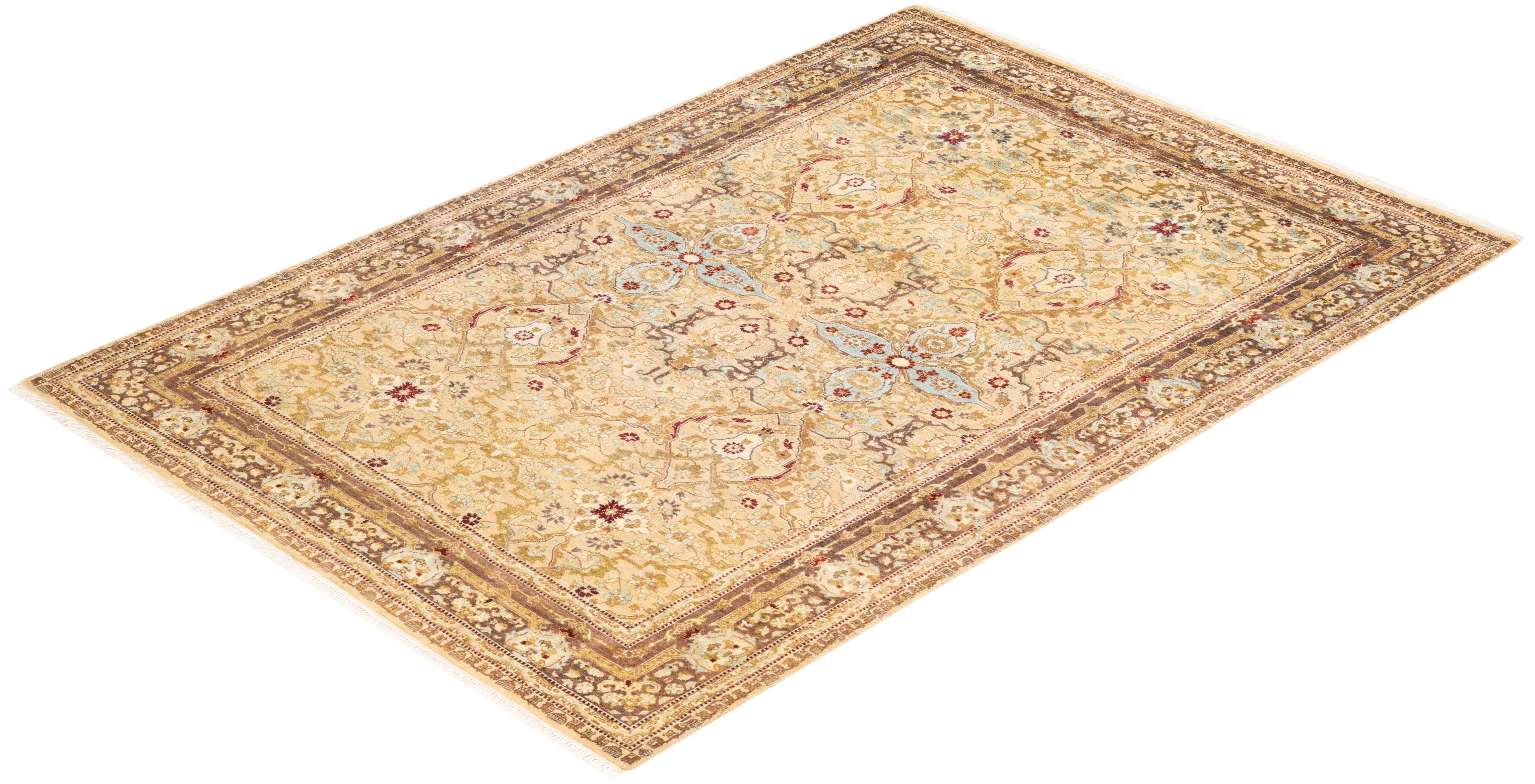 Tapis Oriental Mogul jaune noué à la main, unique en son genre en vente 2