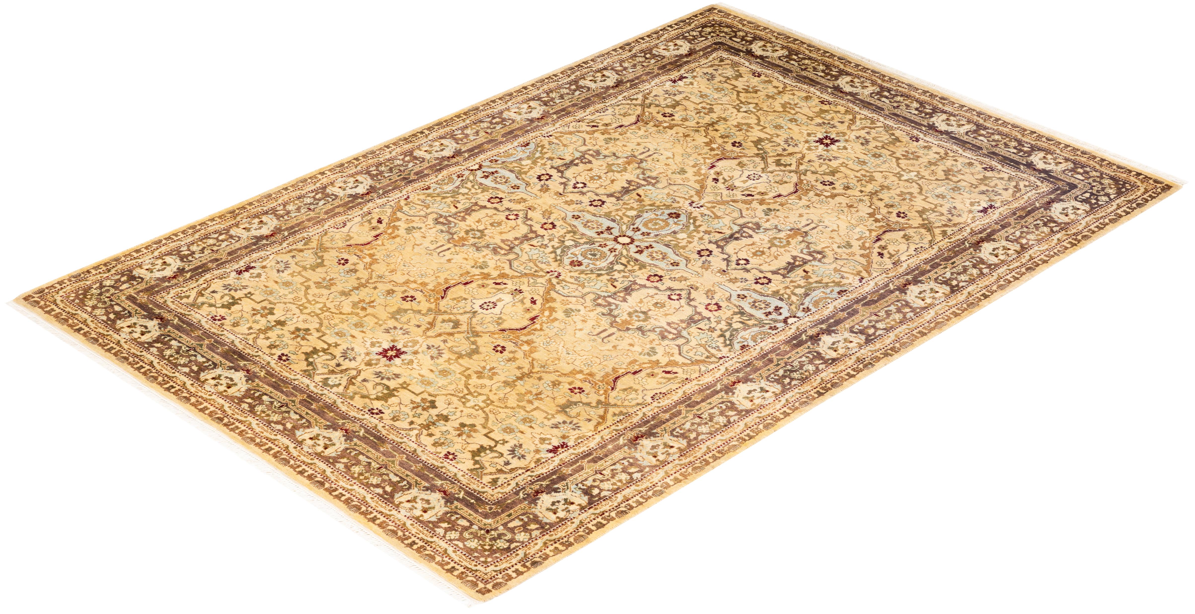 Tapis Oriental Mogul jaune noué à la main, unique en son genre en vente 2