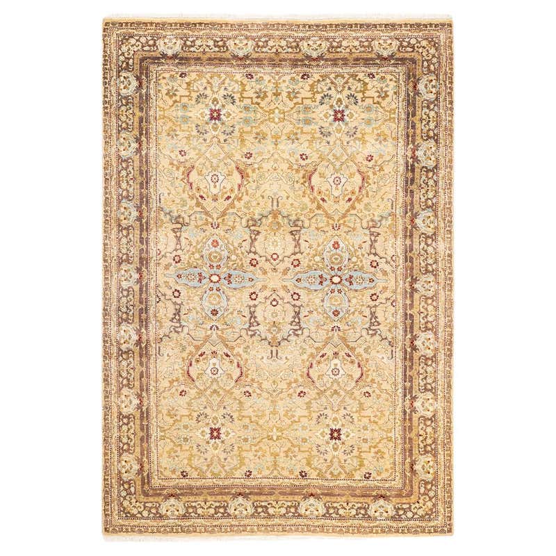 5.6x8.8 Ft Exquisite Yellow Turkish Area Rug, Modern Floral Handmade ...