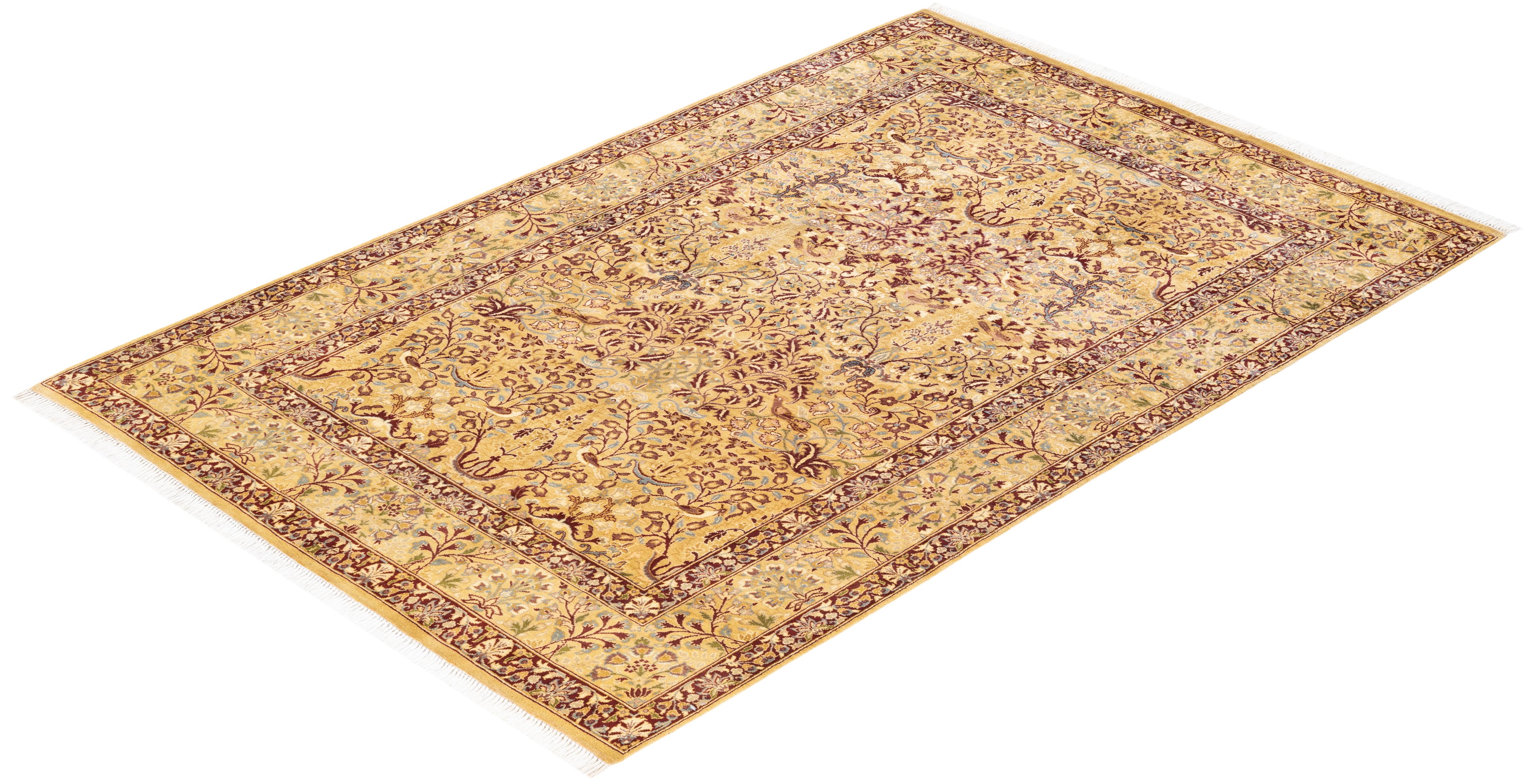 Tapis Oriental Mogul jaune noué à la main, unique en son genre en vente 2