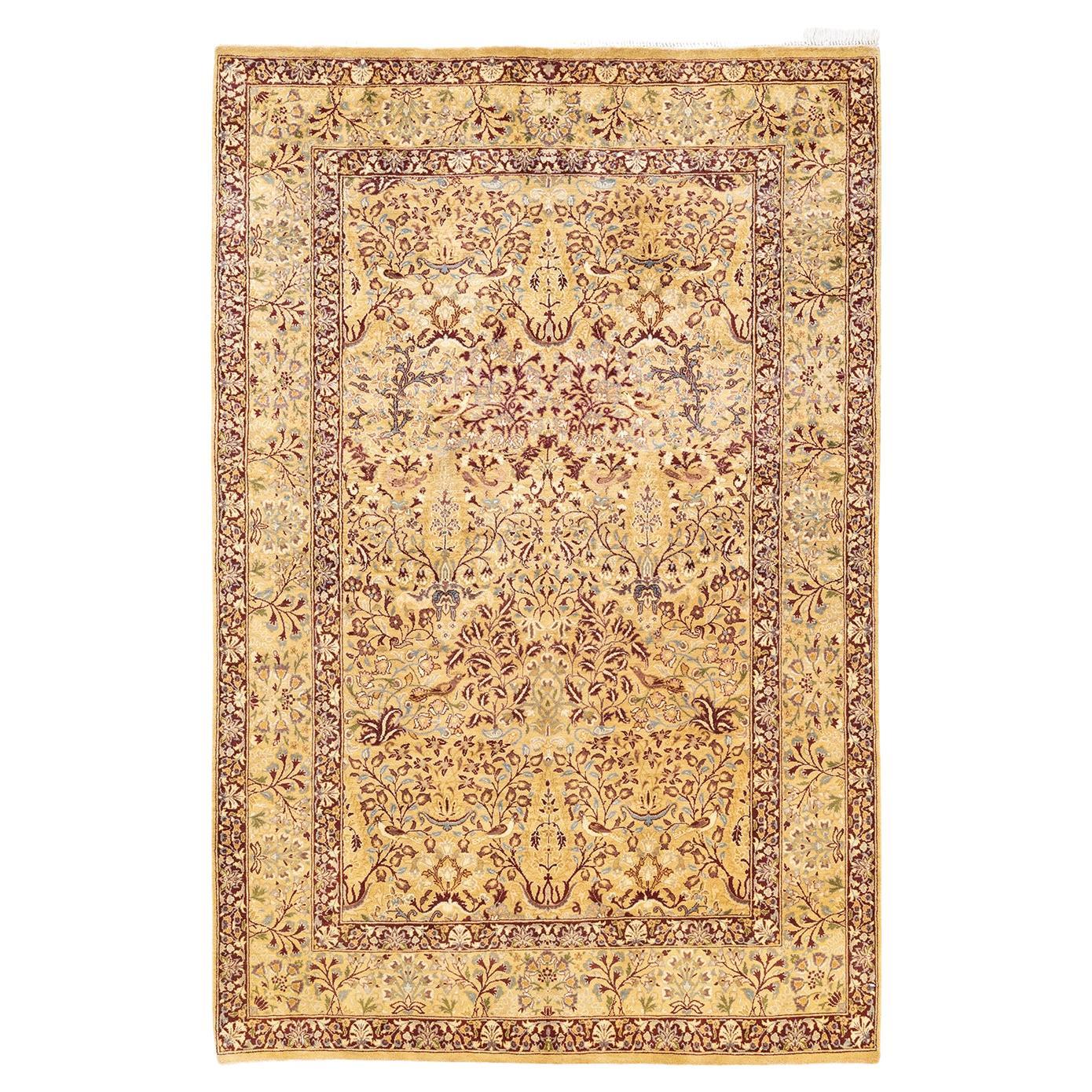 Tapis Oriental Mogul jaune noué à la main, unique en son genre
