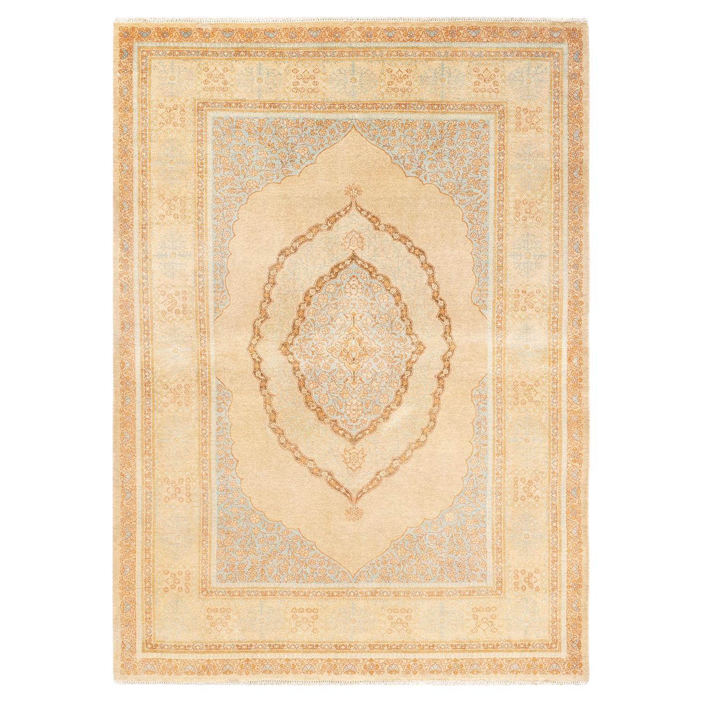 Tapis unique Oriental Mogul jaune noué à la main de 4' 9"" x 6' 7" pouces