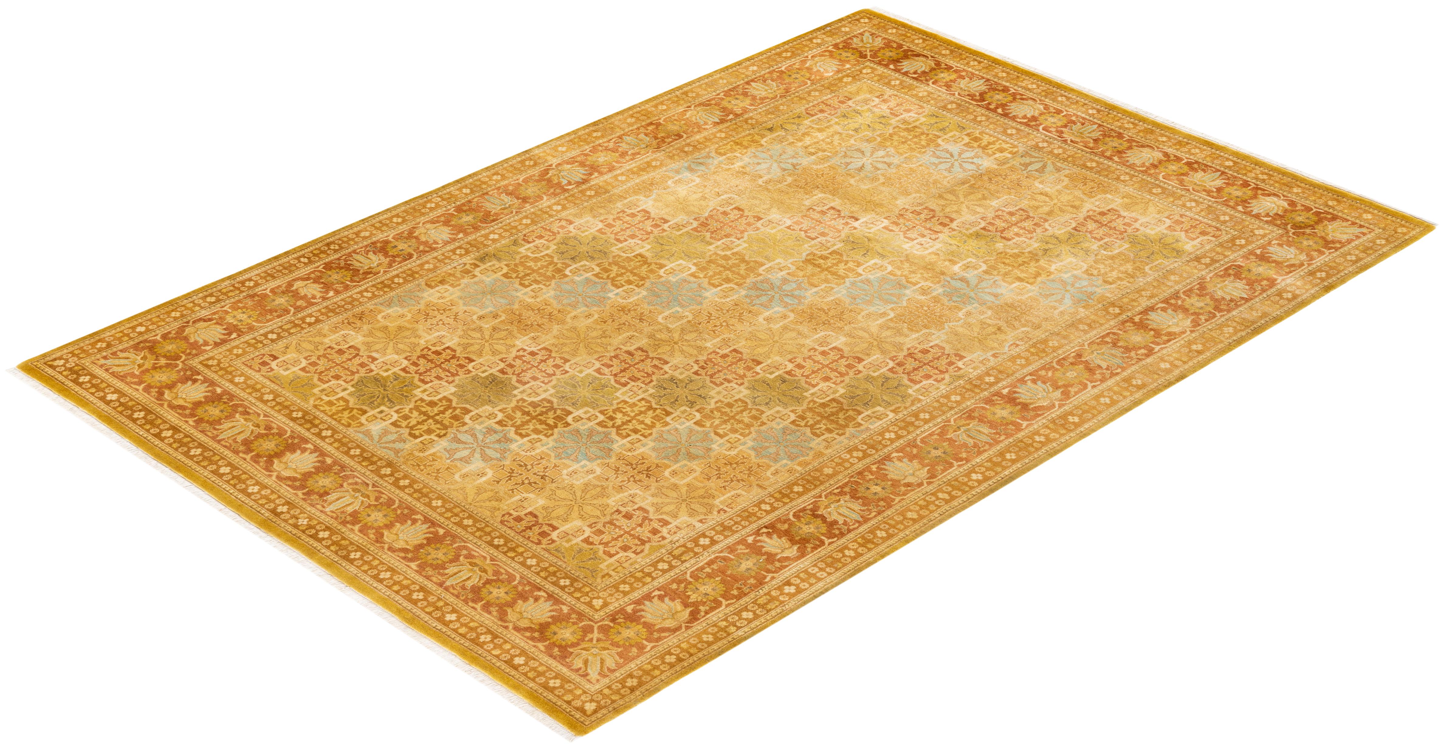 One-of-a-kind Hand Knotted Oriental Mogul Yellow Area Rug For Sale 2