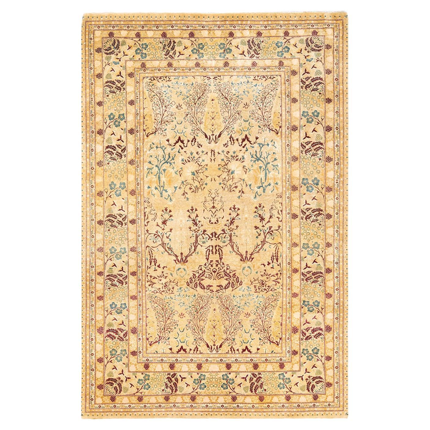 Tapis unique Oriental Mogul jaune noué à la main, unique en son genre