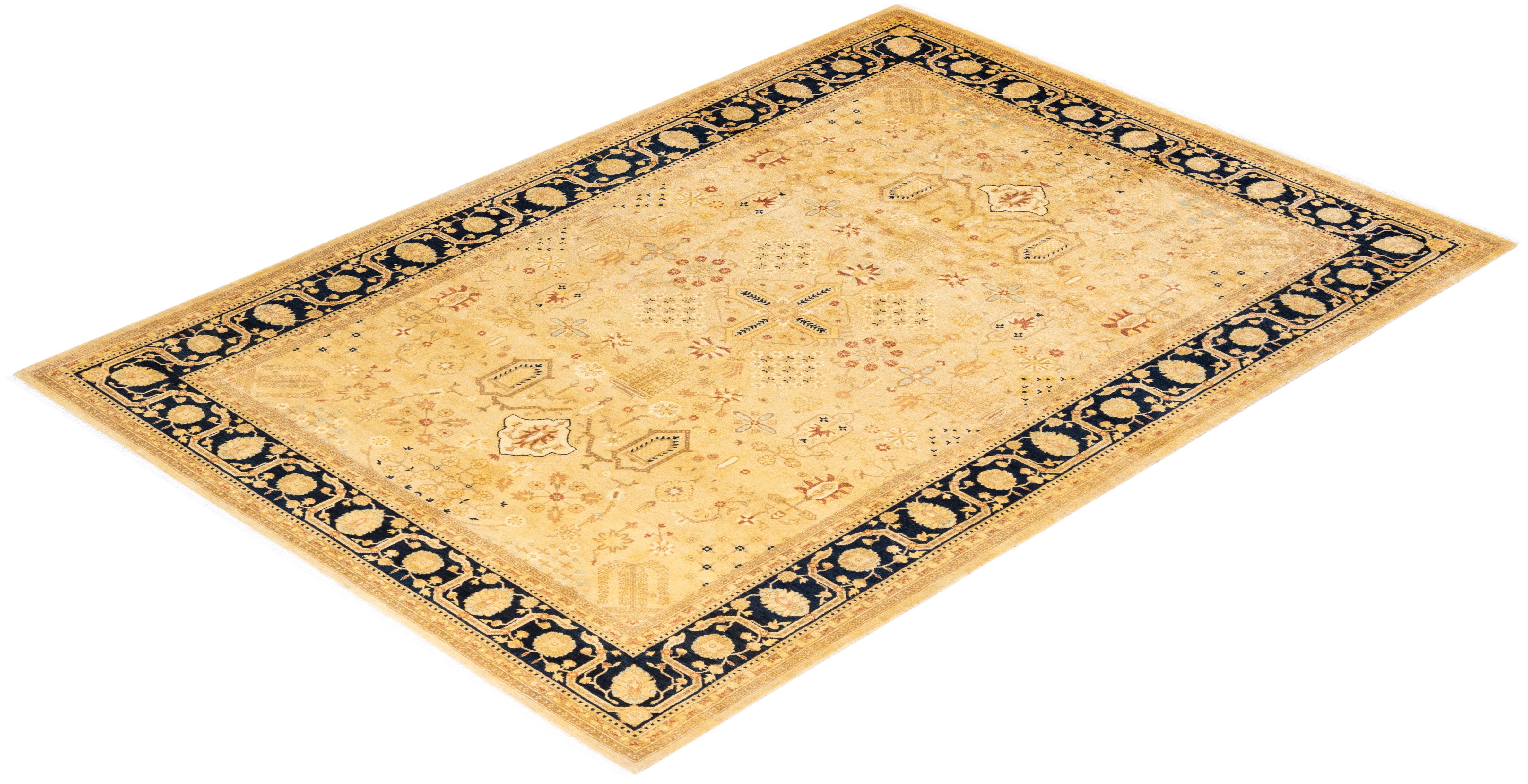 One-of-a-Kind Hand Knotted Oriental Mogul Yellow Area Rug For Sale 2