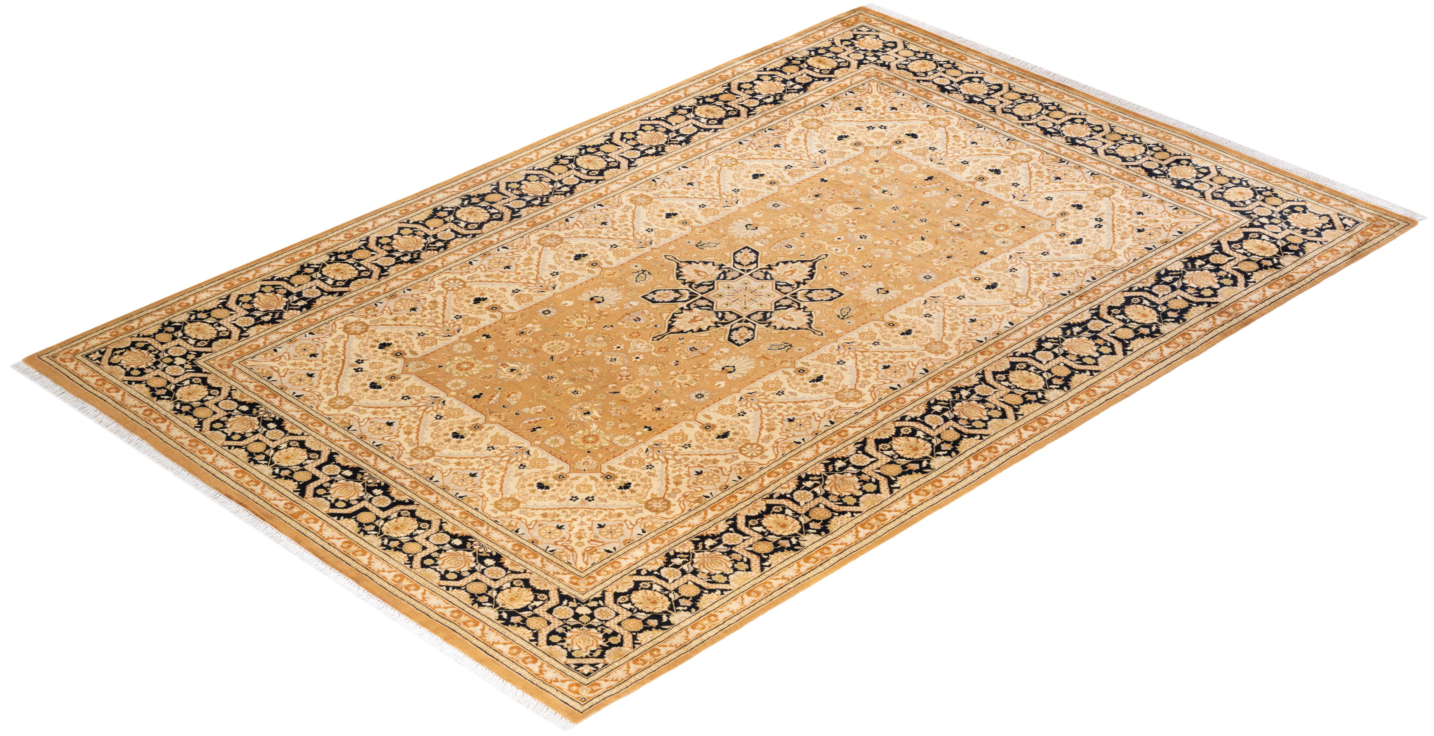 Handgeknüpfter orientalischer Mogul-Teppich in Gelb, Unikat im Angebot 2