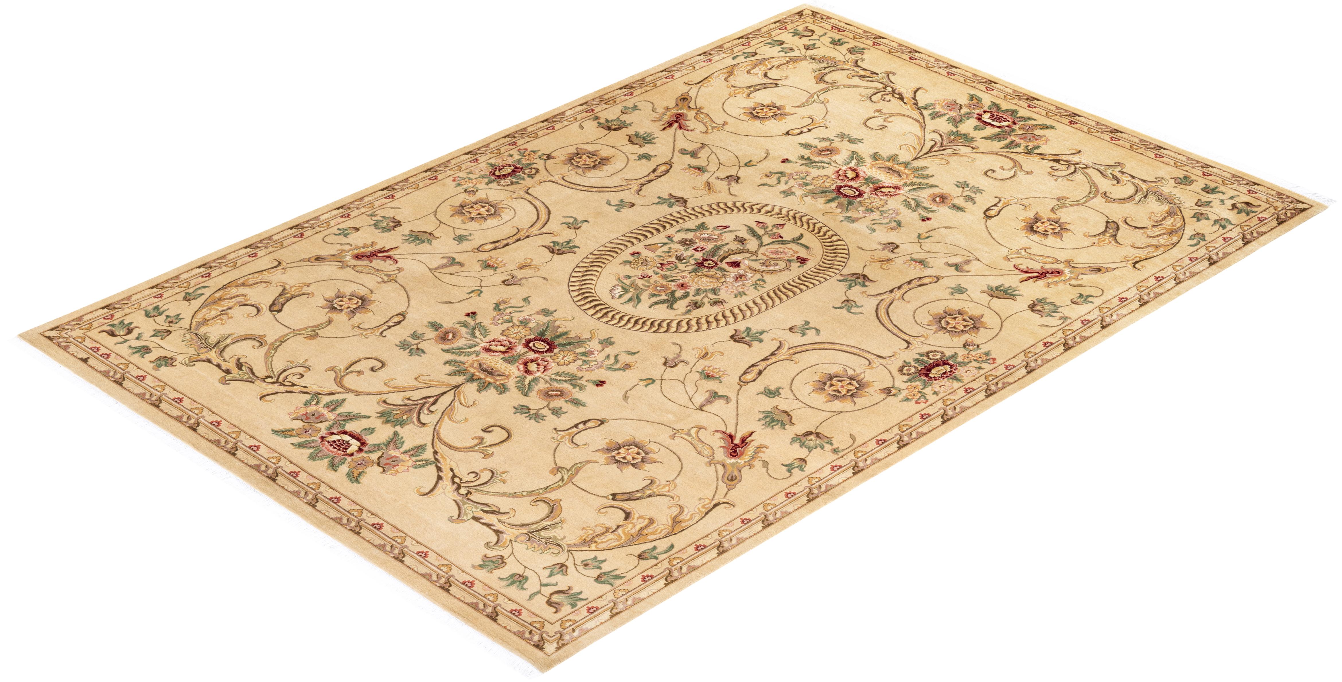 Handgeknüpfter orientalischer Mogul-Teppich in Gelb, Unikat im Angebot 2