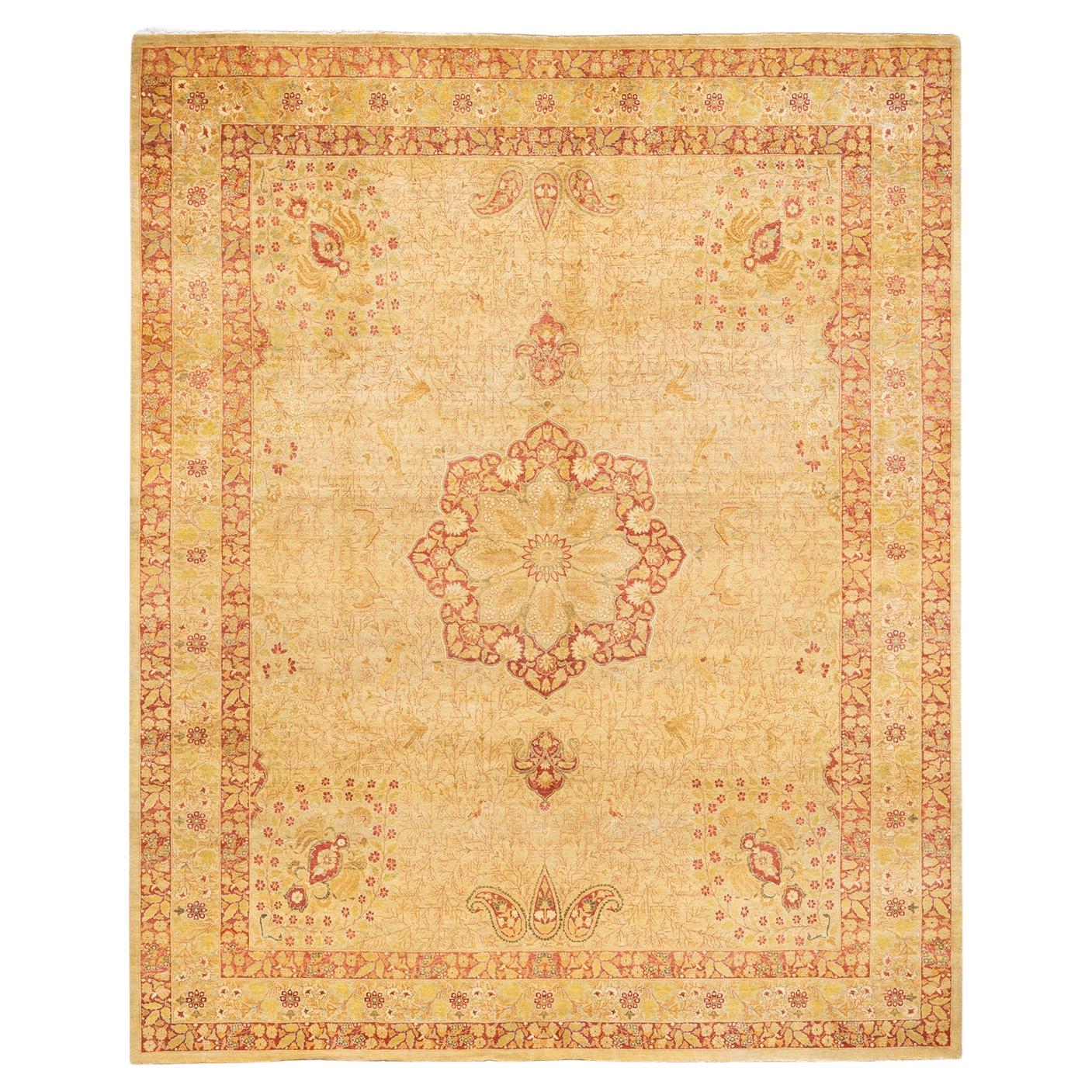 Tapis Oriental Mogul jaune noué à la main, unique en son genre
