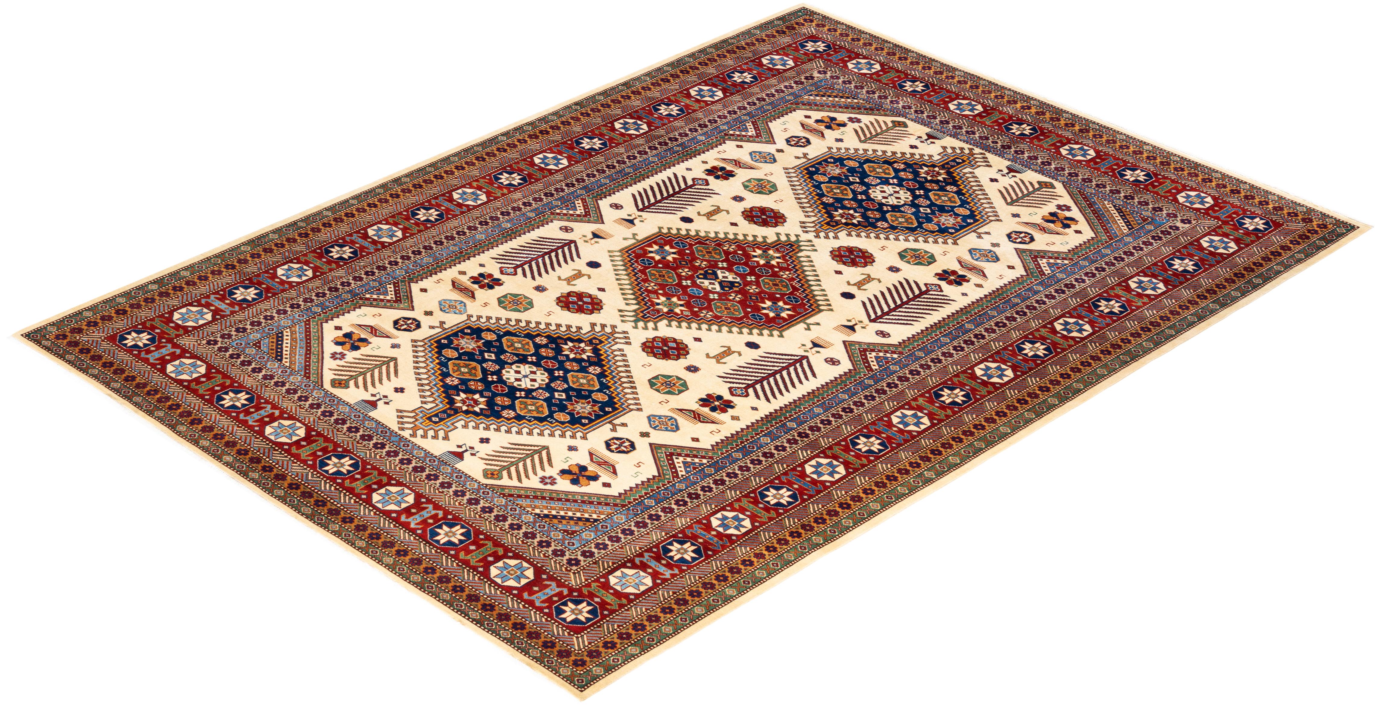 One-of-a-kind Hand Knotted Oriental Tribal Ivory Area Rug For Sale 2