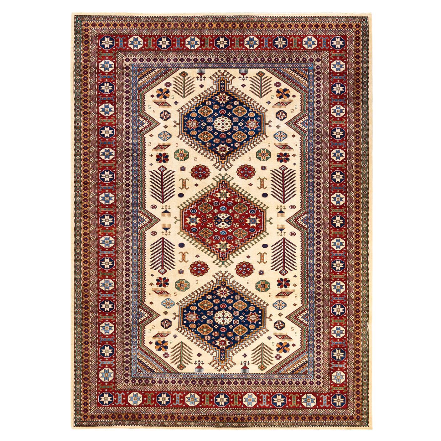 One-of-a-kind Hand Knotted Oriental Tribal Ivory Area Rug For Sale