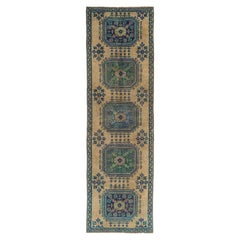 3.2x10.5 Ft Hand-Knotted Oushak Hallway Runner, One-of-a-Kind Vintage Wool Rug
