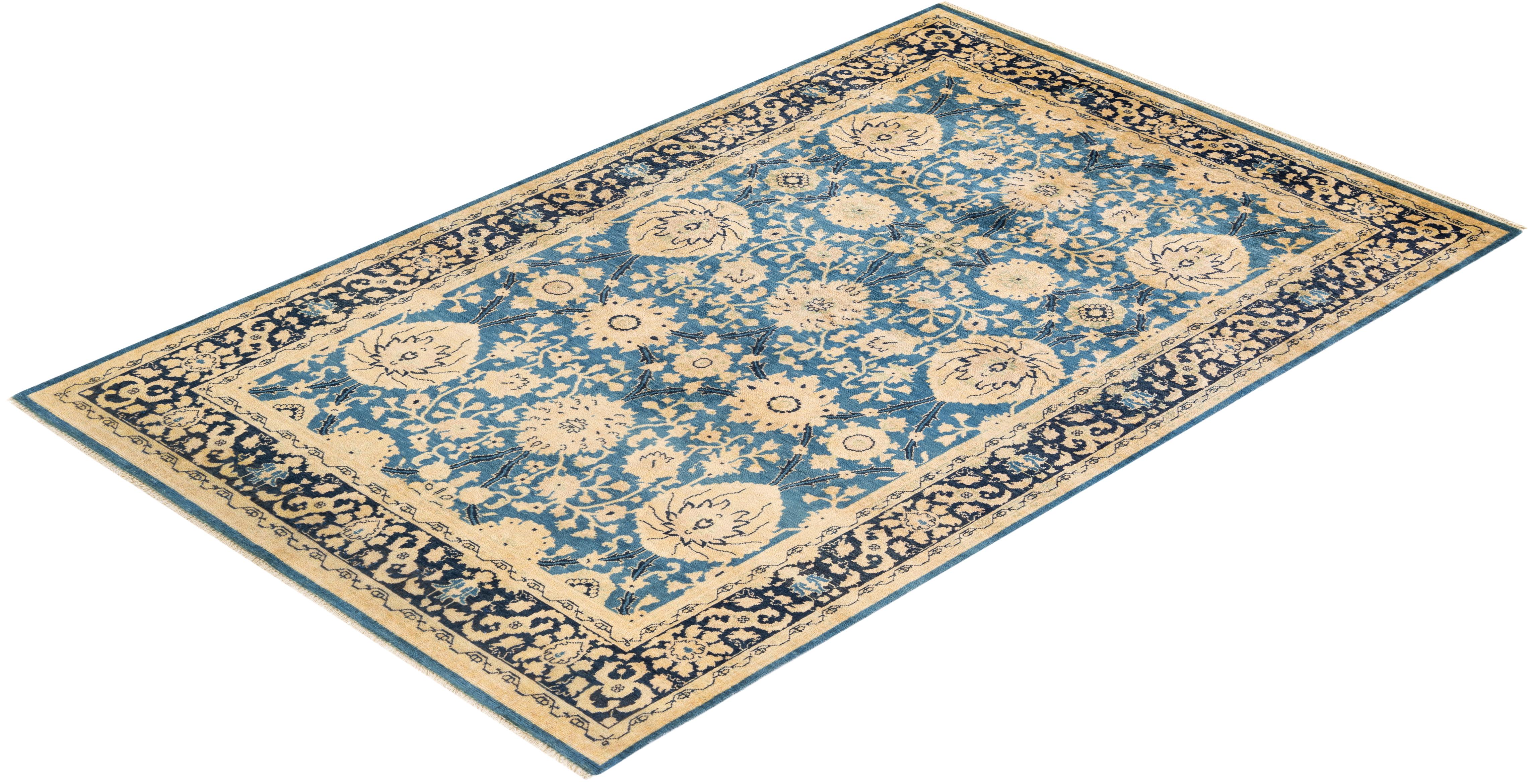 One-Of-A-Kind Hand Knotted Overdyed Eclectic Light Blue Area Rug 5' 0