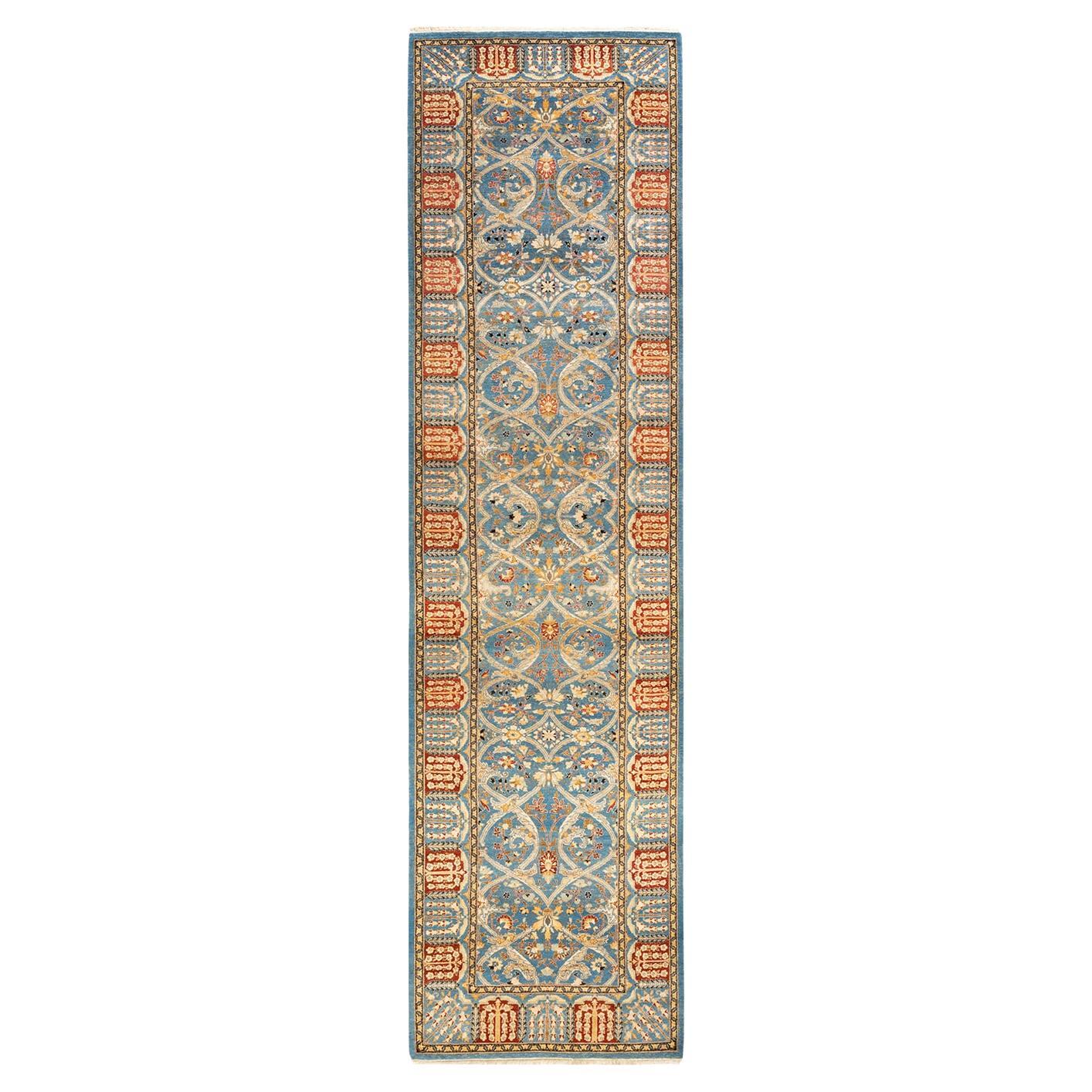 Tapis bleu moghol noué à la main et superposé unique en son genre, 3' 3"" x 12' 10"