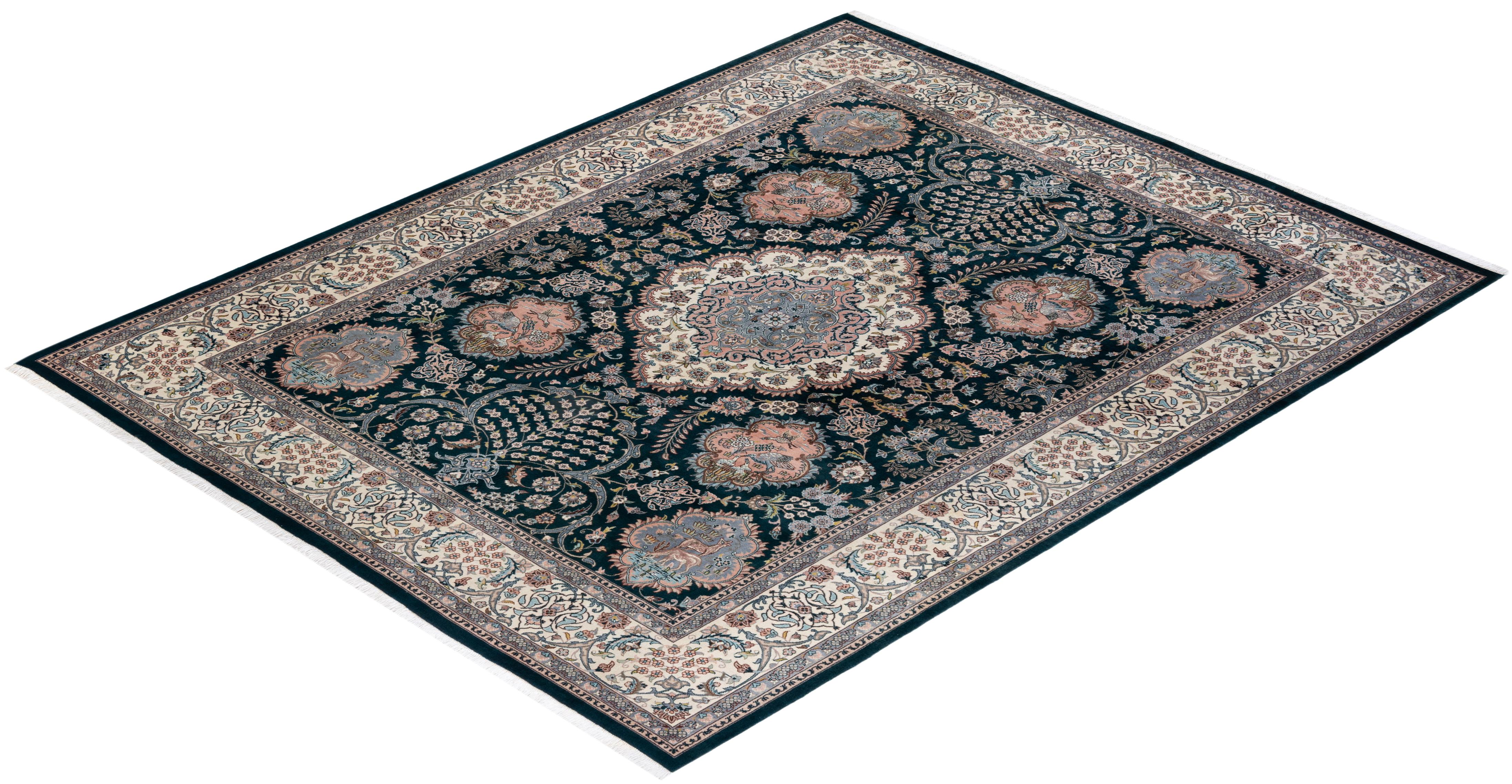 Tapis unique noué à la main et overdyed vert moghol, unique en son genre en vente 2