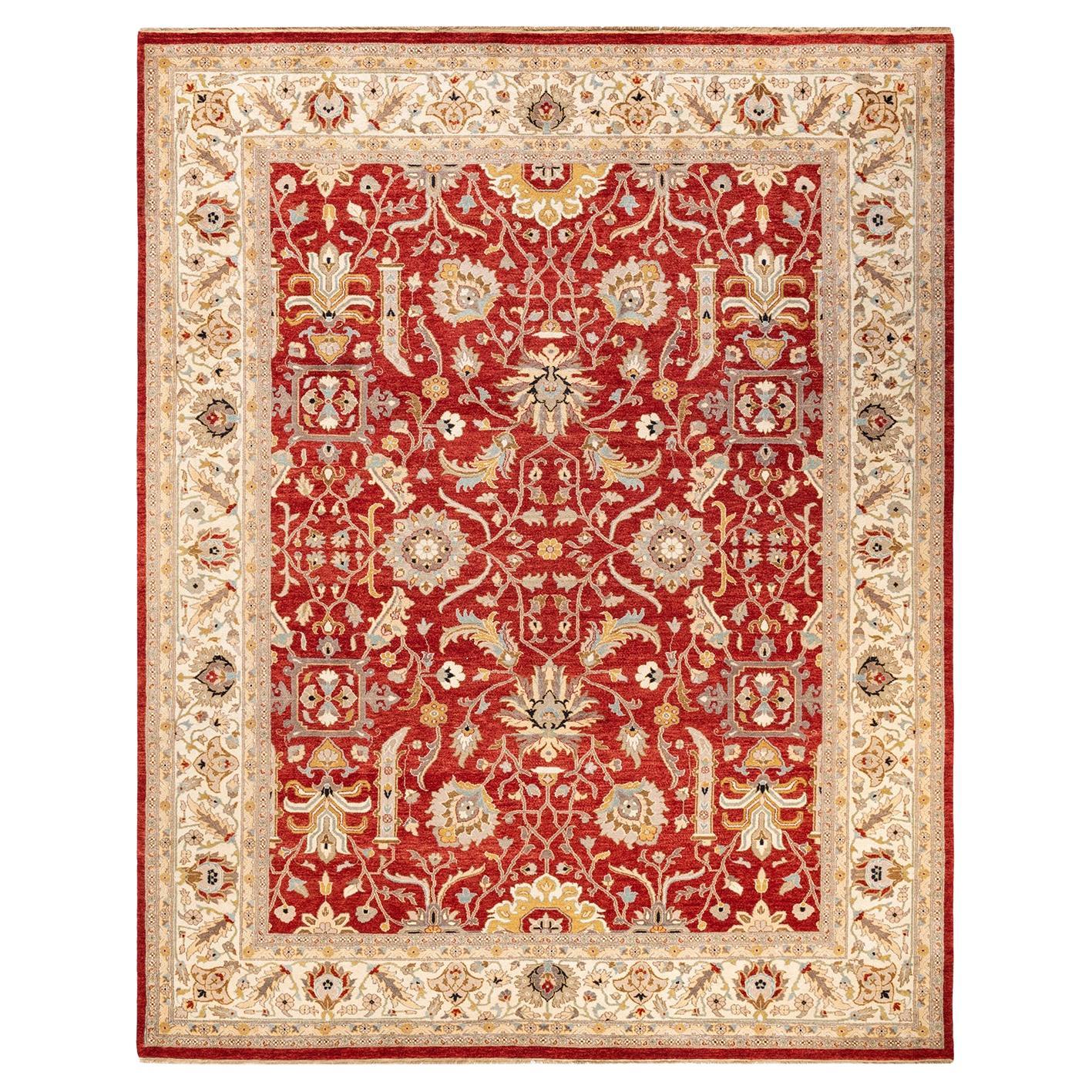 Tapis rouge moghol surteint noué à la main unique en son genre, unique en son genre