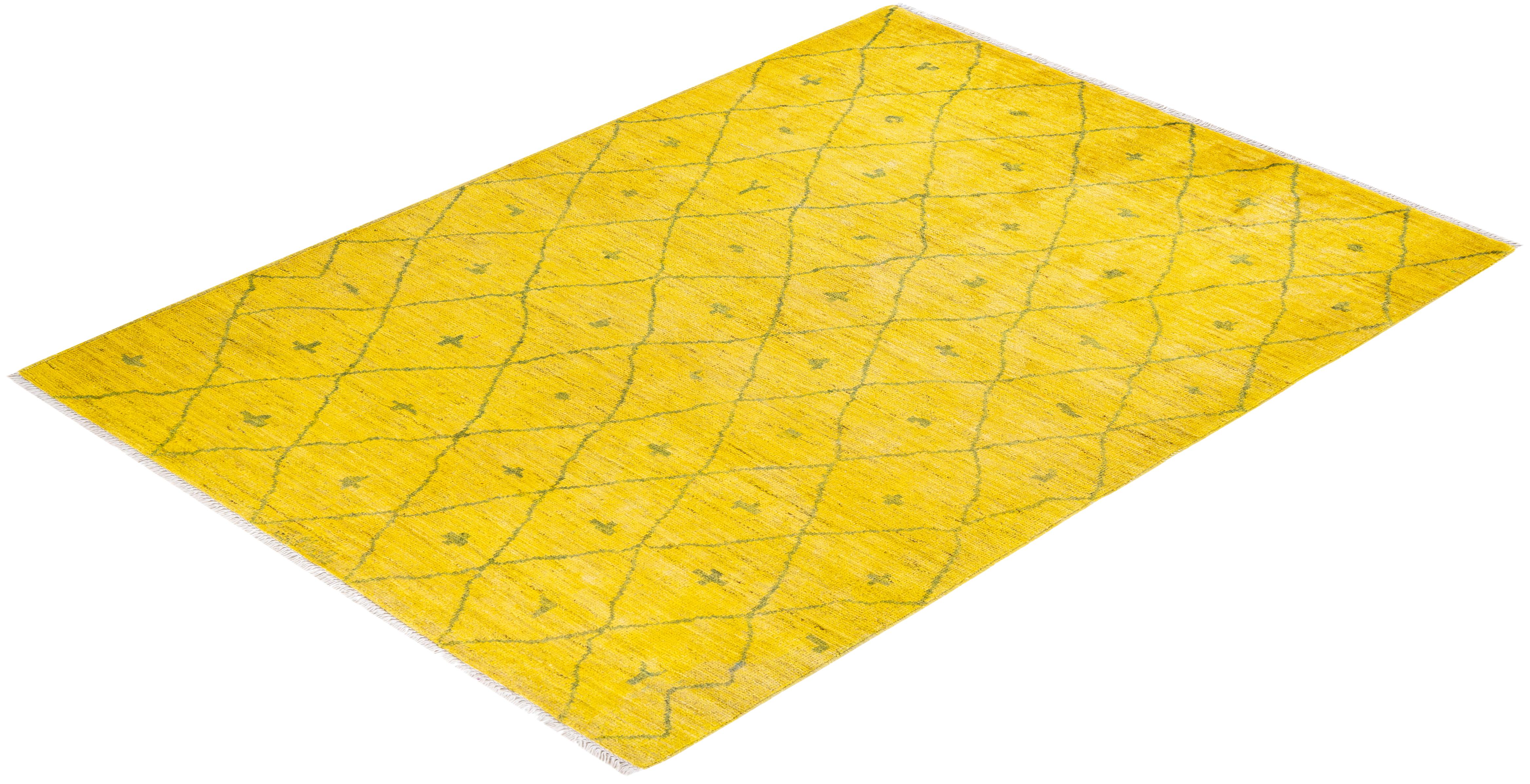One-of-a-kind Hand Knotted Overdyed Moroccan Yellow Area Rug 2
