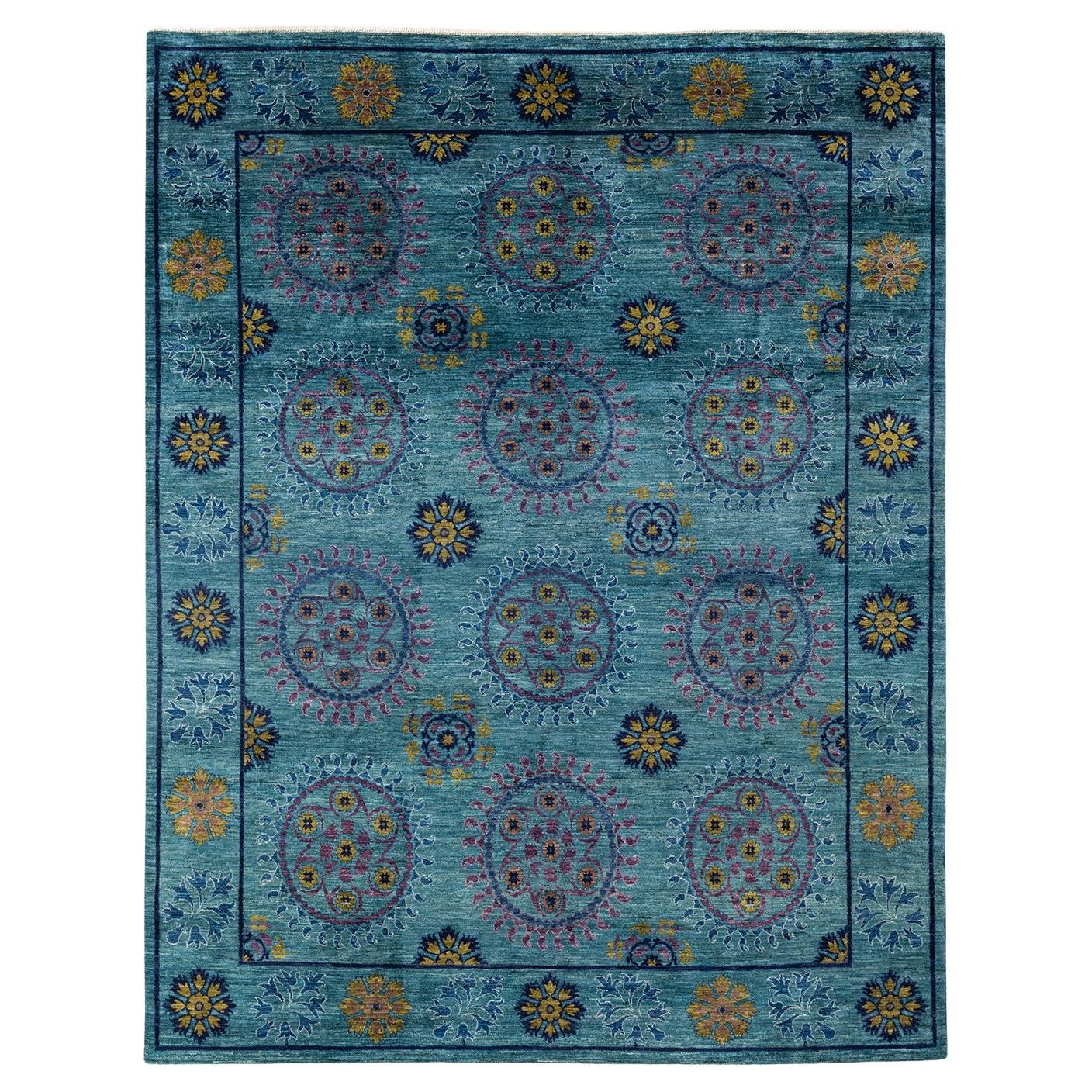 One-Of-A-Kind Hand Knotted Overdyed Suzani Green Area Rug 7' 10" x 10' 3" For Sale