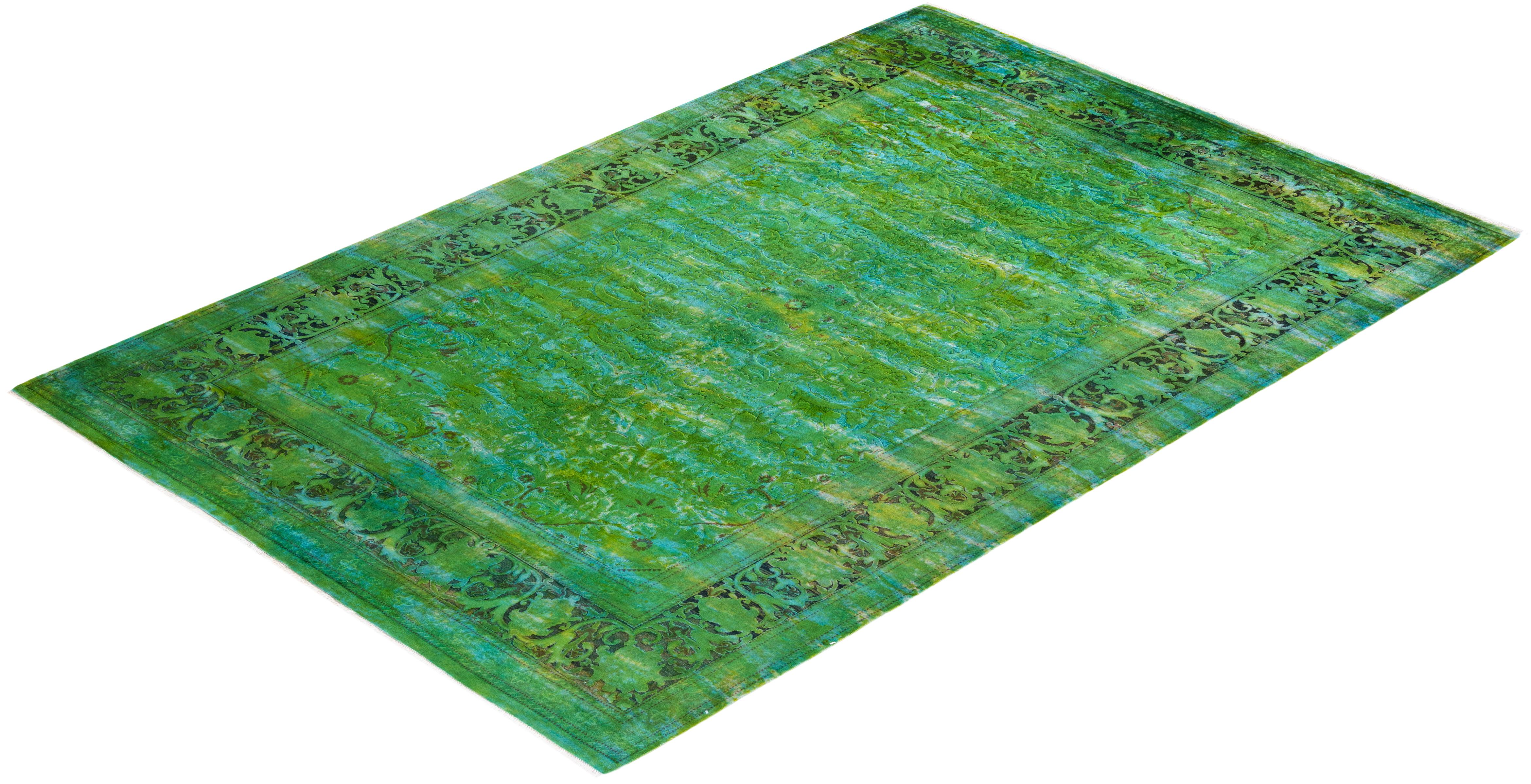 One-of-a-Kind Hand Knotted Overdyed Transitional Green Area Rug 2