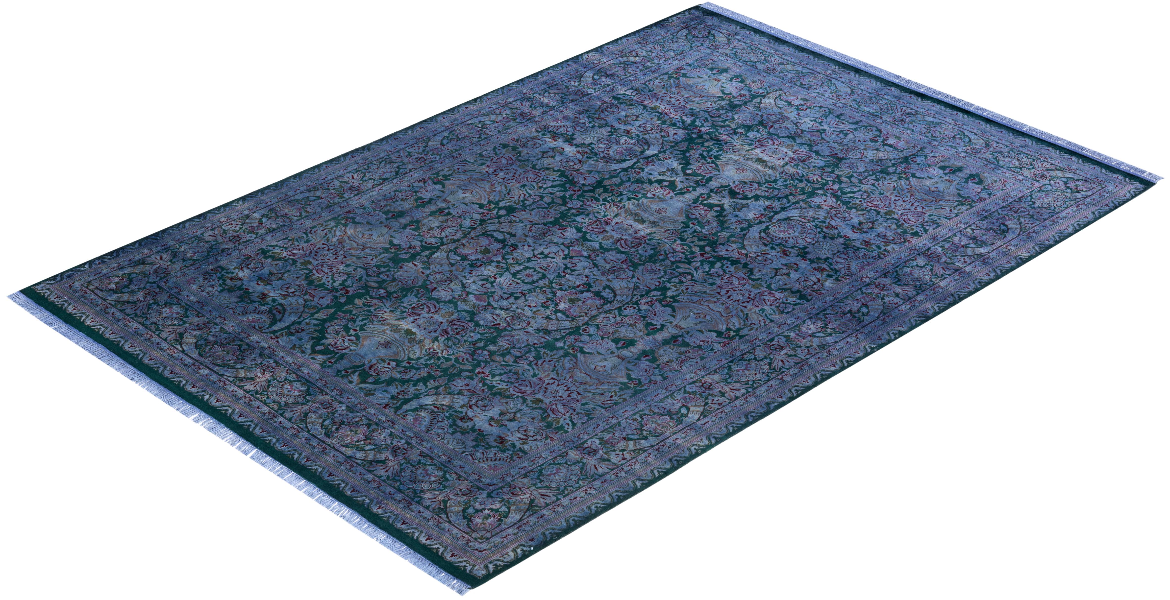 One-of-a-kind Hand Knotted Overdyed Transitional Green Area Rug For Sale 2