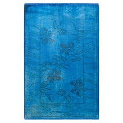 Tapis bleu vibrant noué à la main, unique en son genre, teinté à la main