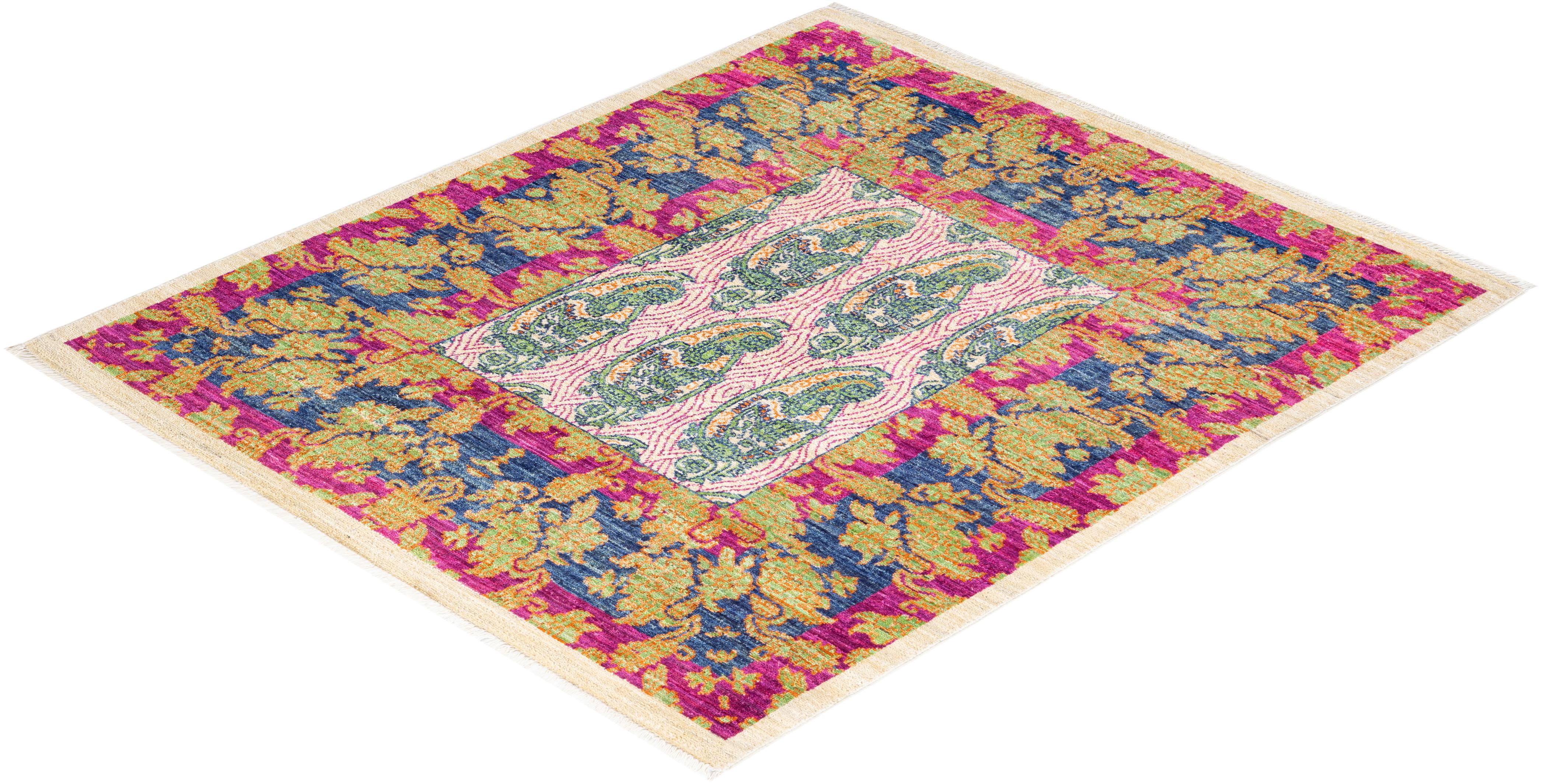 Handgeknüpfter, eklektischer elfenbeinfarbener Teppich mit Paisleymuster, Unikat im Angebot 2