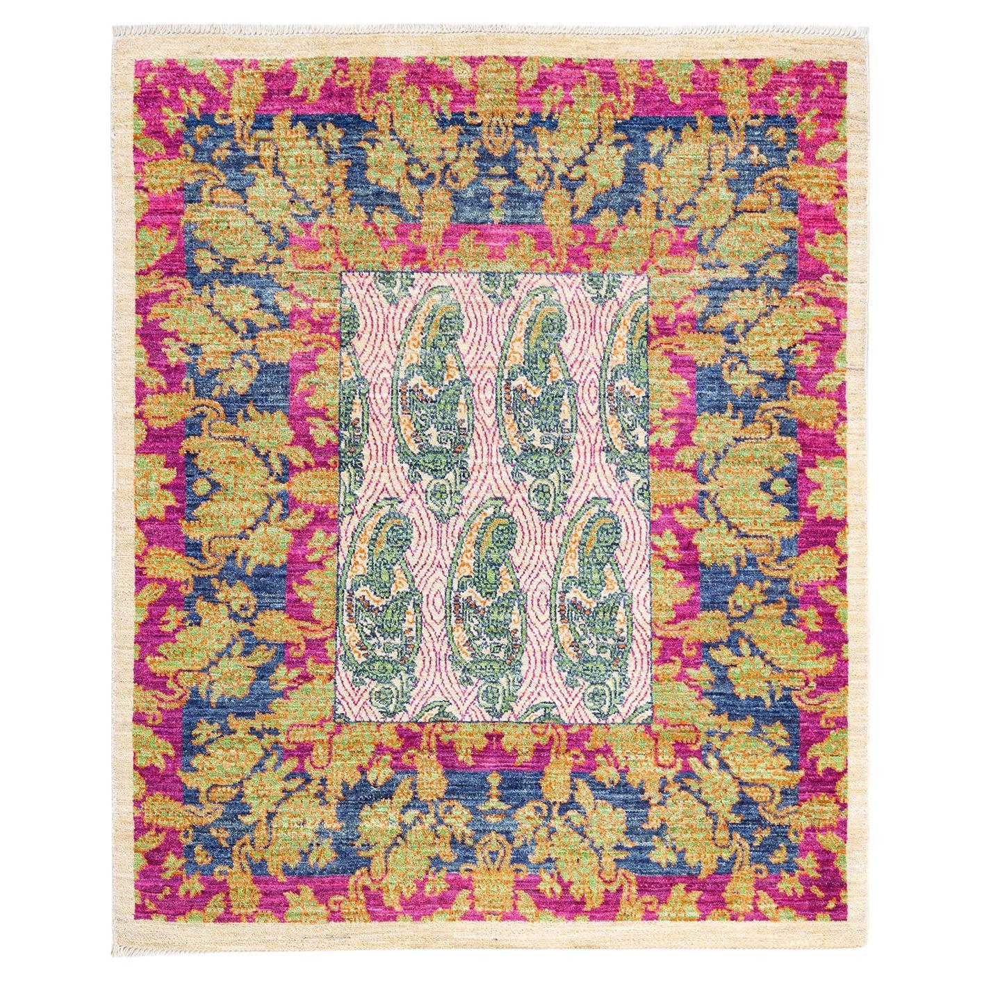 One-of-a-kind Hand Knotted Paisley Eclectic Ivory Area Rug For Sale