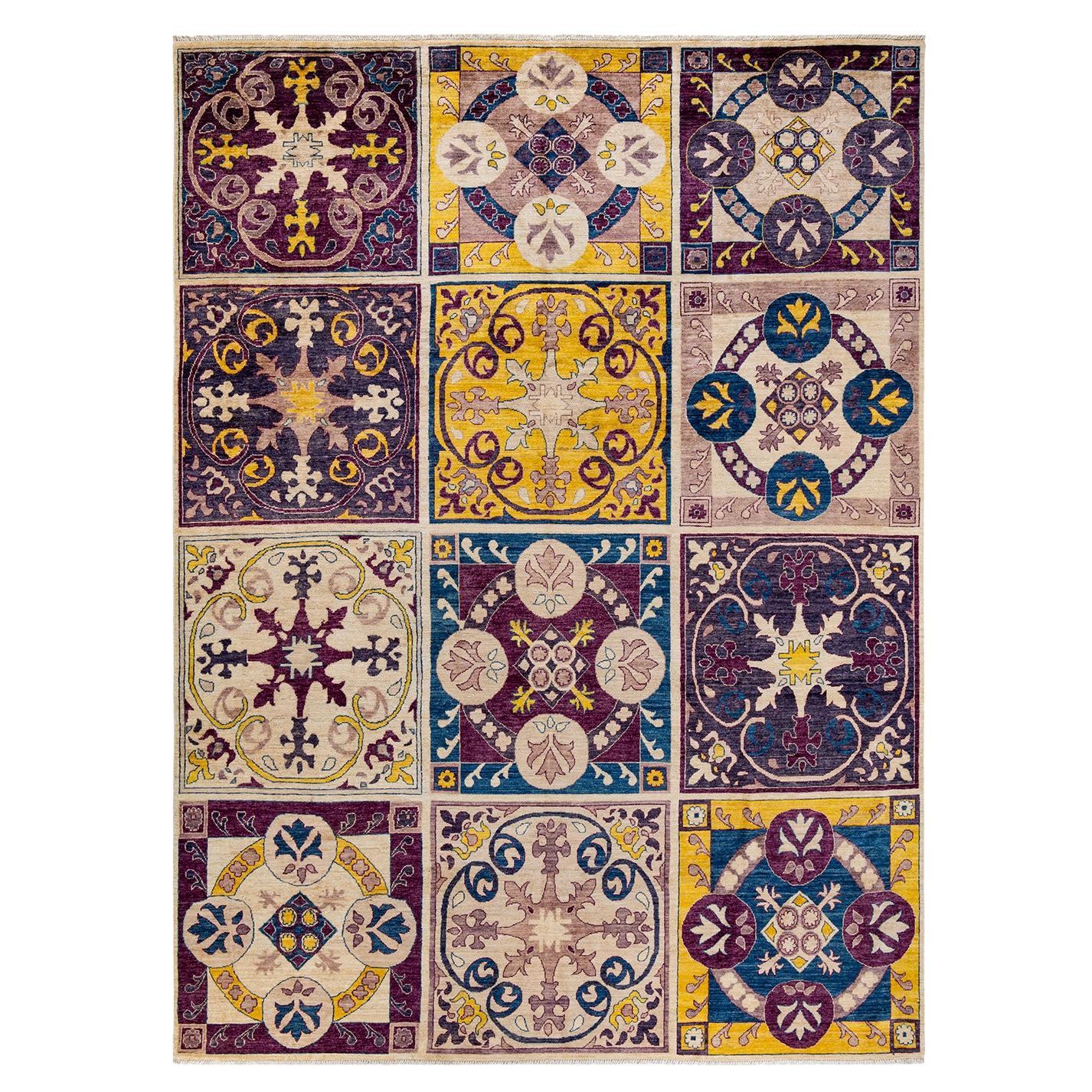 One-of-a-kind Hand Knotted Patchwork Eclectic Ivory Area Rug For Sale