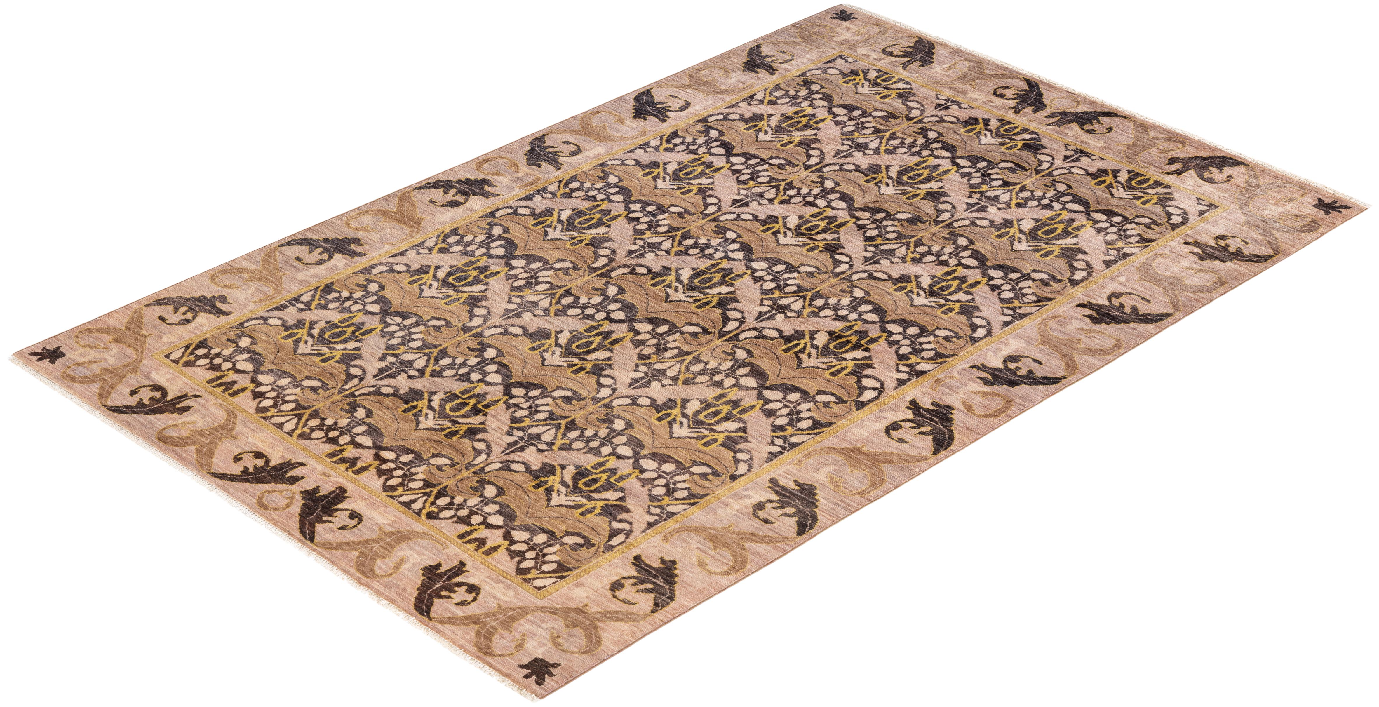 One-of-a-Kind Hand Knotted Striped Arts & Crafts Beige Area Rug For Sale 2