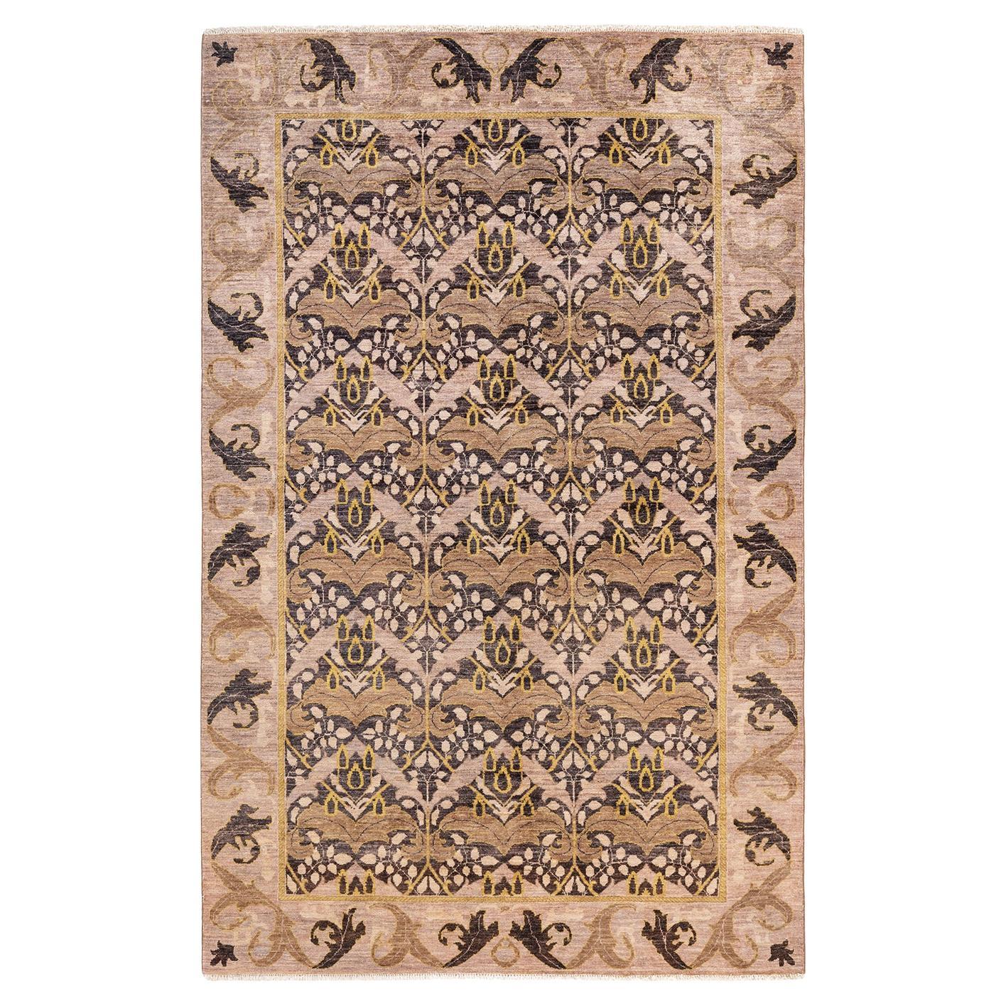 One-of-a-Kind Hand Knotted Striped Arts & Crafts Beige Area Rug For Sale