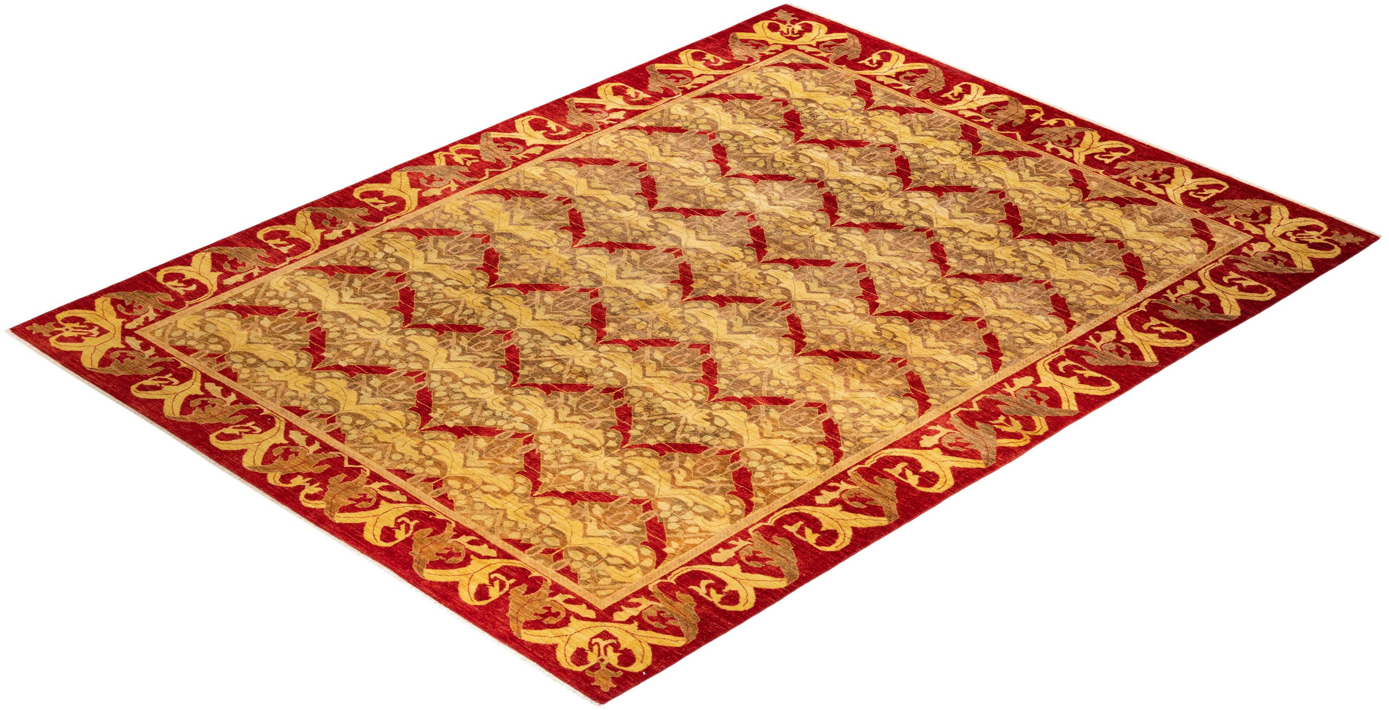 One-of-a-kind Hand Knotted Striped Arts & Crafts Beige Area Rug For Sale 2