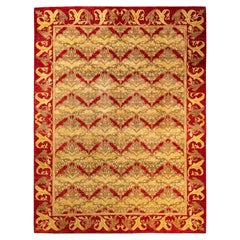 Tapis Arts & Crafts beige rayé noué à la main, unique en son genre