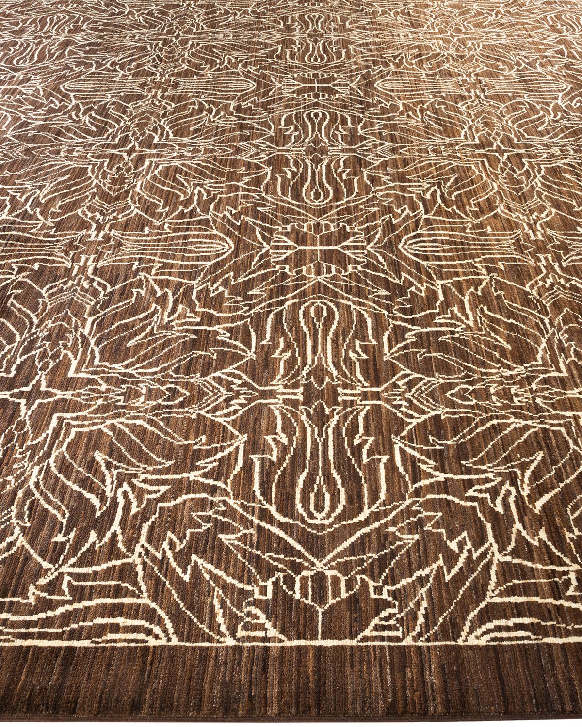 Tapis marron éclectique rayé noué à la main, unique en son genre Neuf - En vente à Norwalk, CT