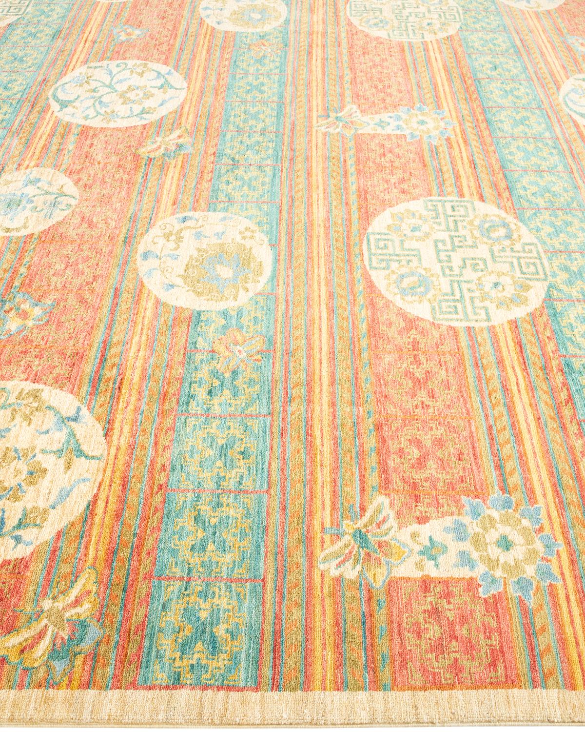 Tapis vert éclectique rayé noué à la main unique en son genre, unique en son genre Neuf - En vente à Norwalk, CT