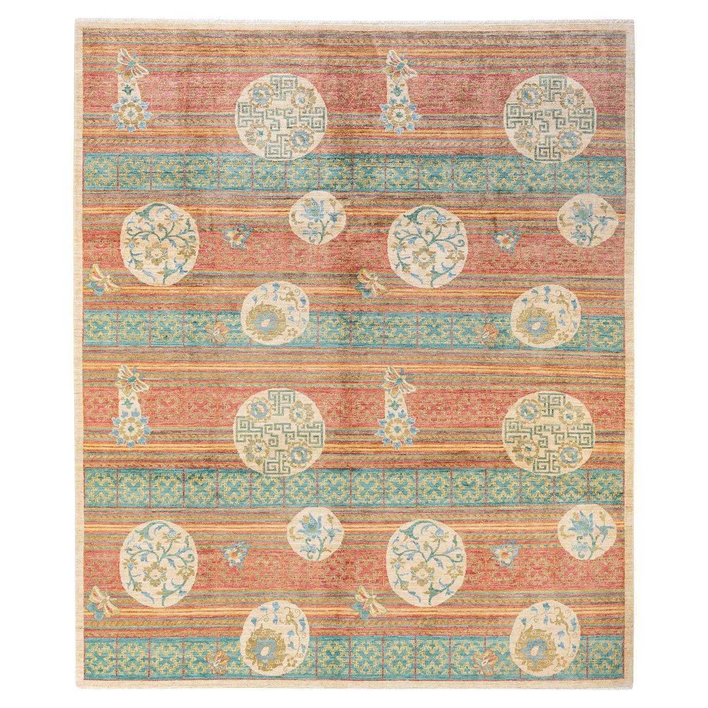One-Of-A-Kind Hand Knotted Striped Eclectic Green Area Rug For Sale