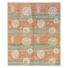 One-Of-A-Kind Hand Knotted Striped Eclectic Green Area Rug