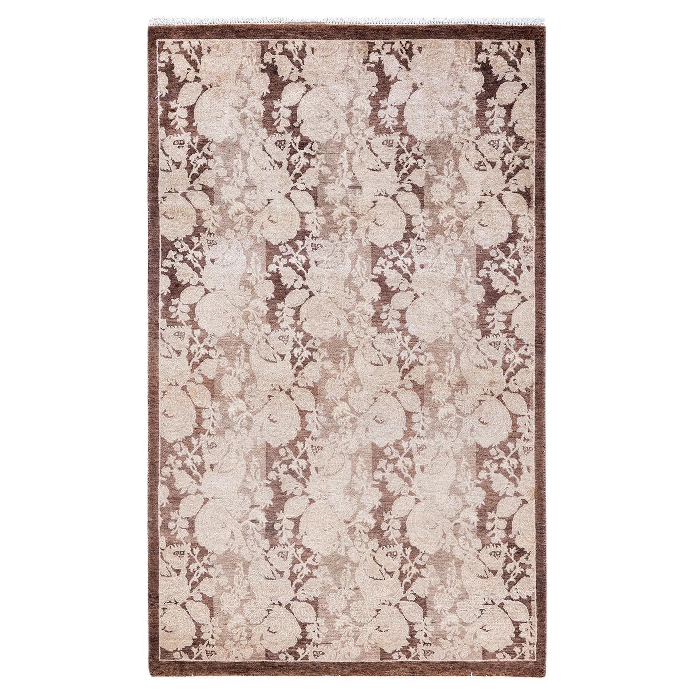 One of Kind Hand Knotted Traditional Abstract Mogul Brown Area Rug