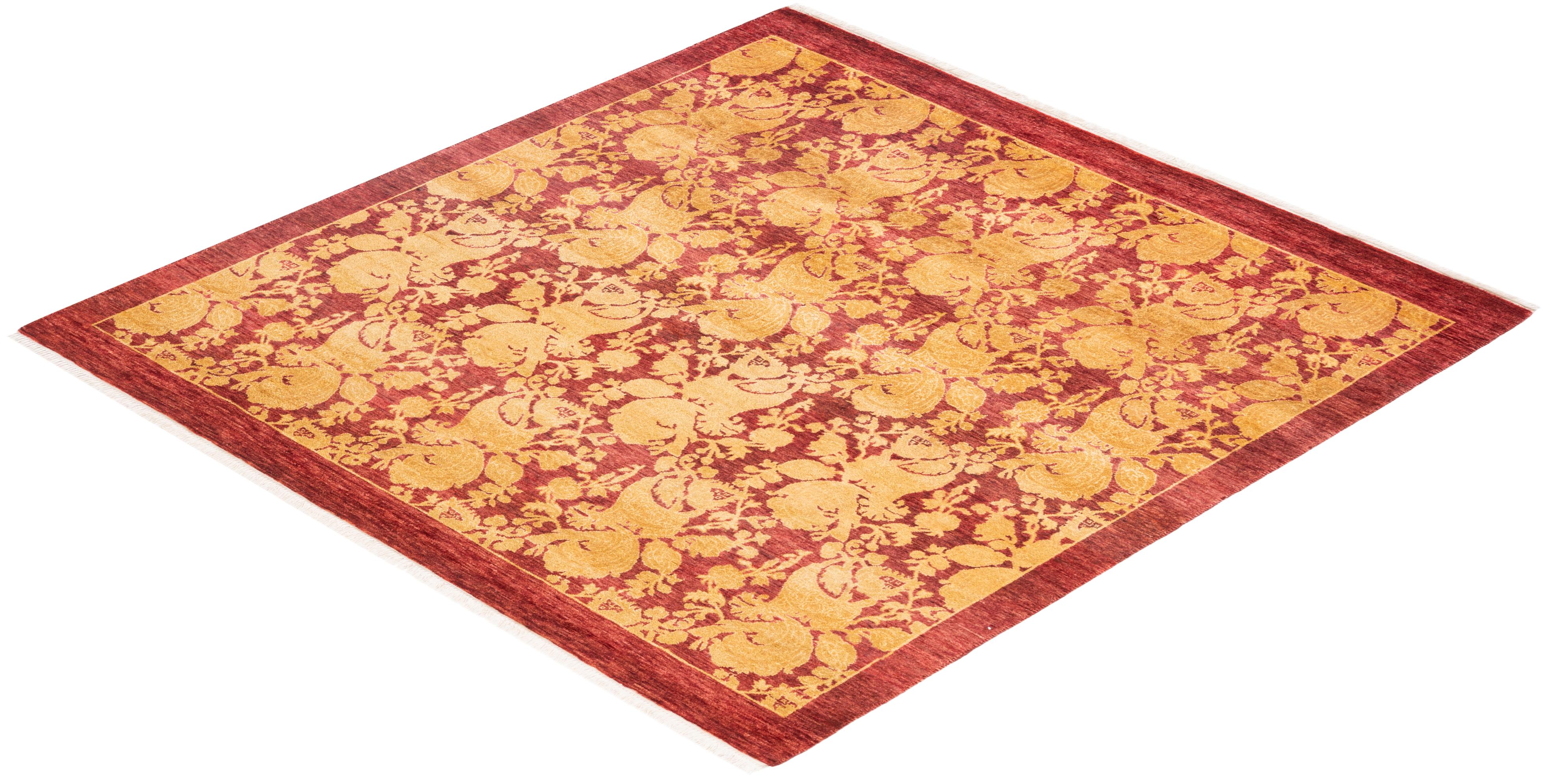 One-of-a-kind Hand Knotted Traditional Abstract Mogul Red Area Rug For Sale 2