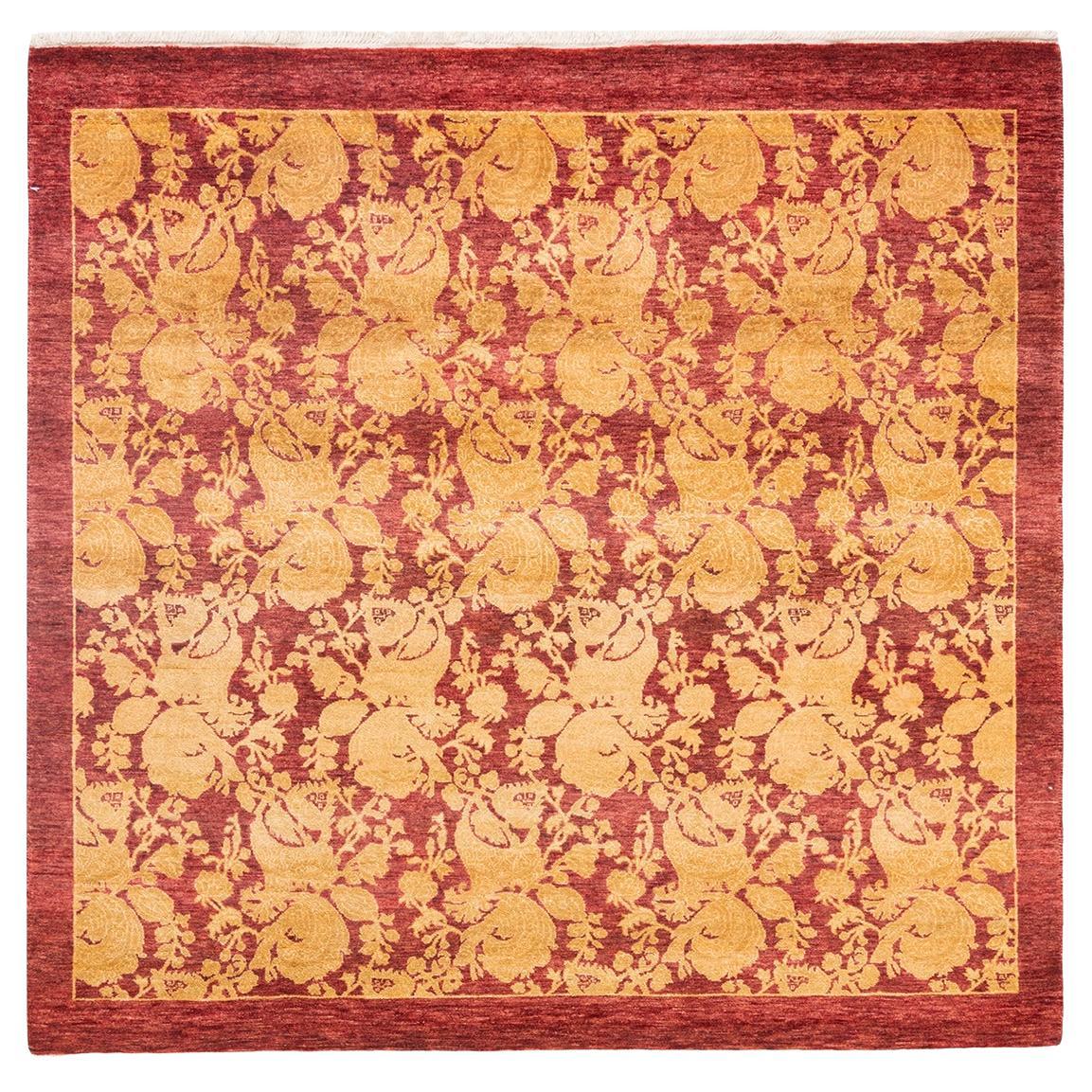 One-of-a-kind Hand Knotted Traditional Abstract Mogul Red Area Rug For Sale