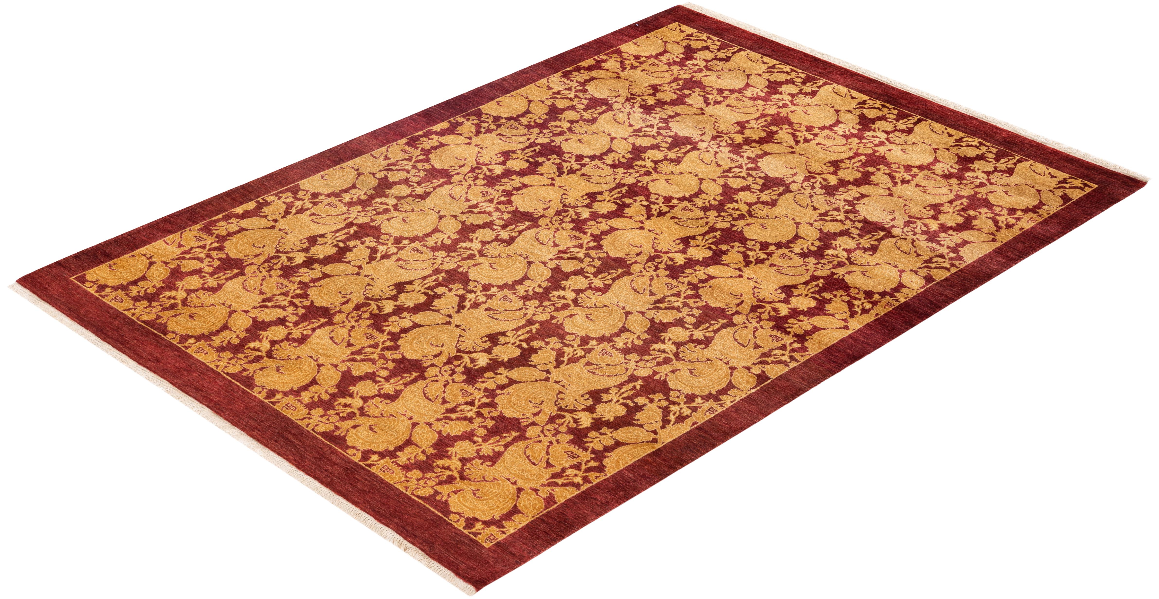Alfombra Mogul Roja Abstracta Tradicional Anudada a Mano Única en su Género en venta 2