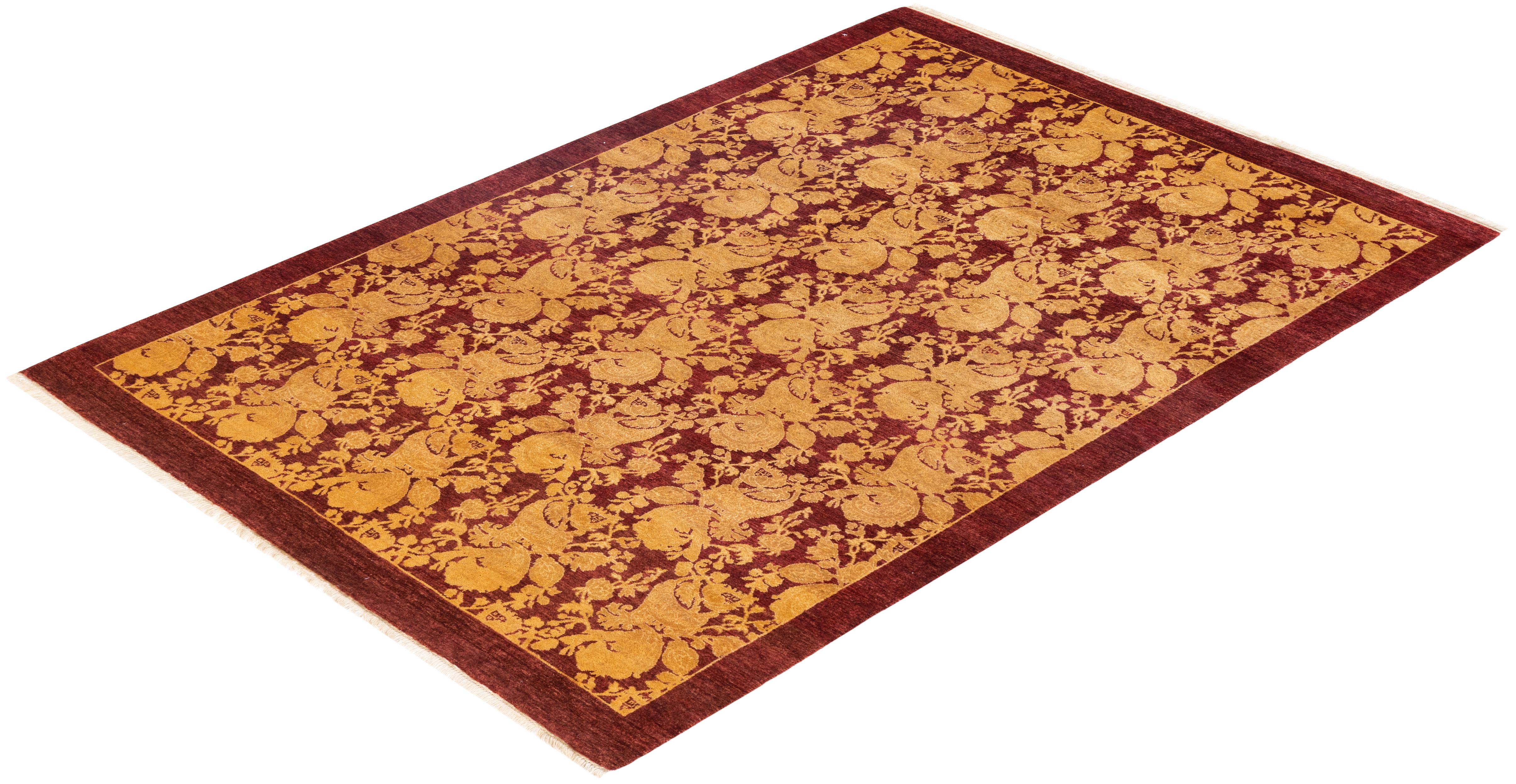 Tapis Mogul rouge traditionnel abstrait noué à la main, unique en son genre en vente 2