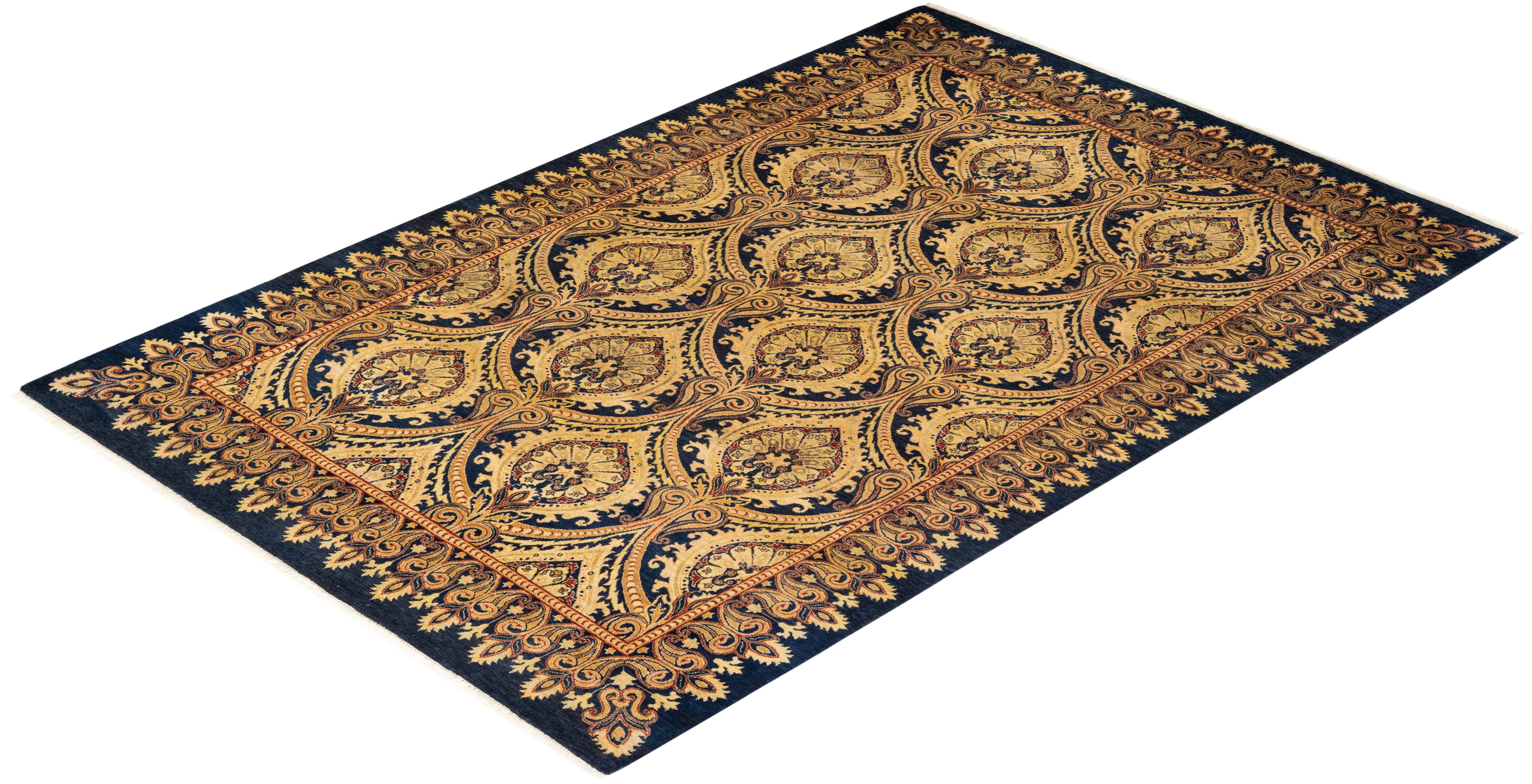 One-of-a-Kind Hand Knotted Traditional Floral Mogul Blue Area Rug For Sale 1