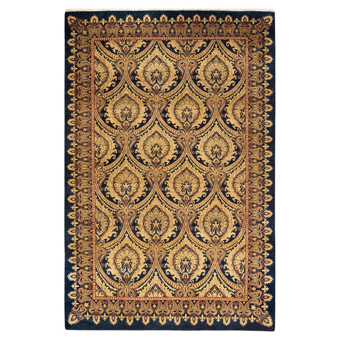 One-of-a-Kind Hand Knotted Traditional Floral Mogul Blue Area Rug For Sale