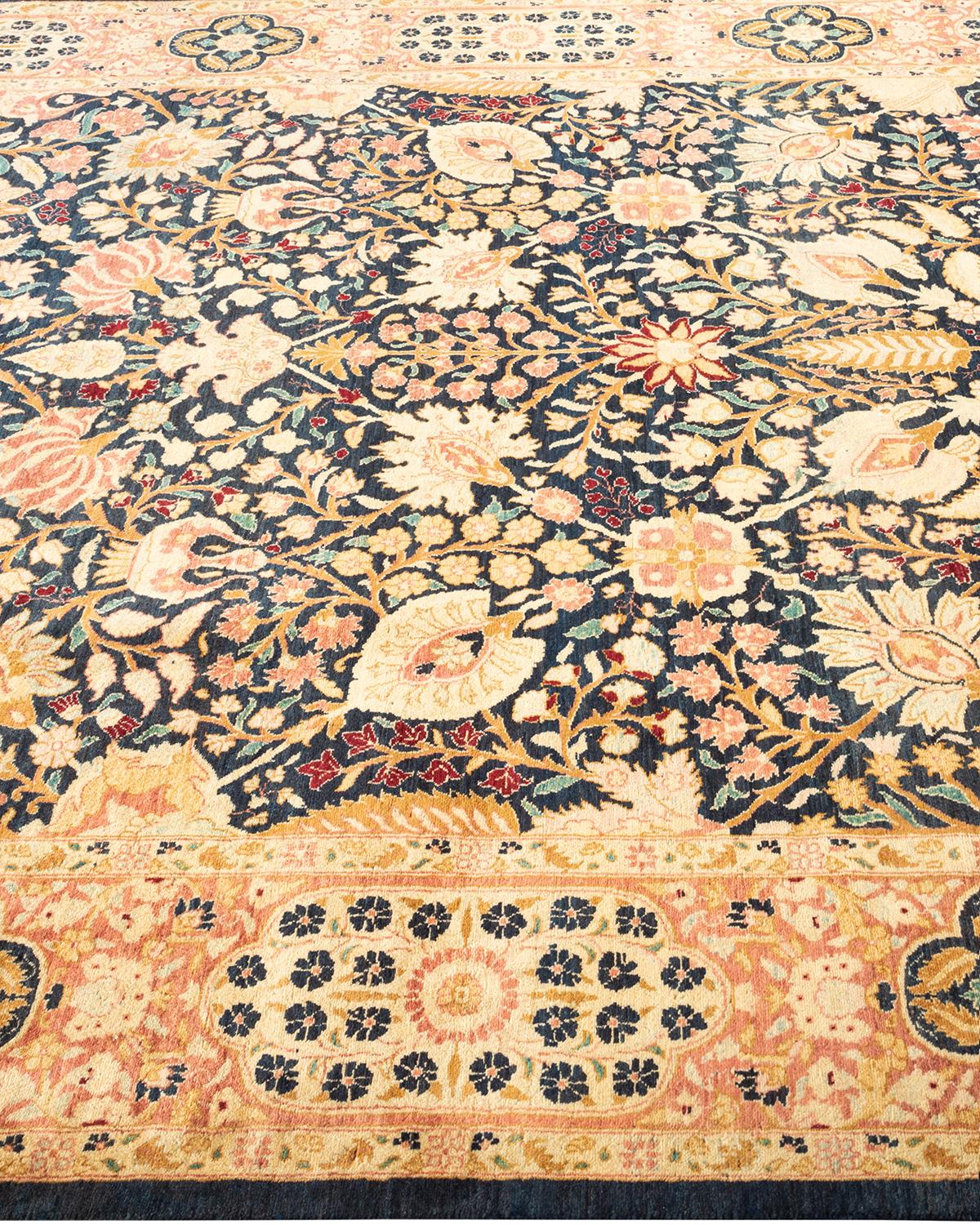 One-of-a-kind Hand Knotted Traditional Floral Mogul Blue Area Rug In New Condition In Norwalk, CT